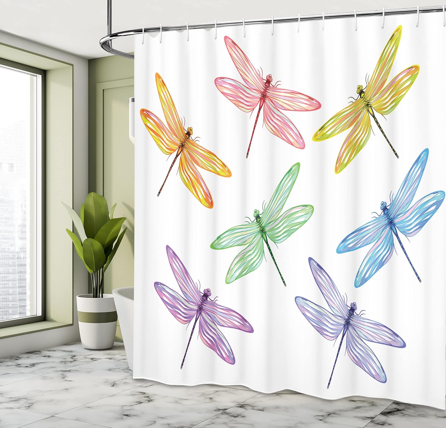 Ambesonne Country Decor Collection, Group of Dragonflies with Colored Patches and Elongated Body Flat Winged Wild Animal Design, Polyester Fabric Bathroom Shower Curtain, 69" W x 75" L, Orange Red