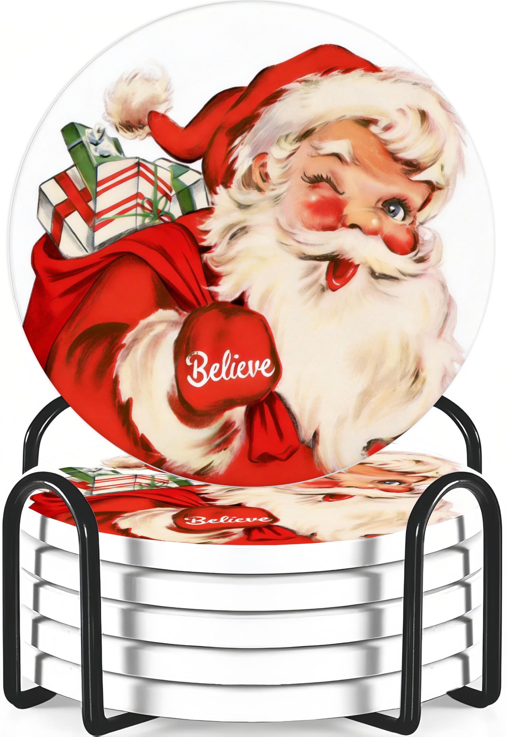 ubcindy Christmas Santa Red White Coasters for Drinks Set of 6, Round Absorbent Ceramic Coaster with Metal Holder, Xmas Snowflake Coasters with Cork Base for Coffee Table, Home Decor, Party, Gifts