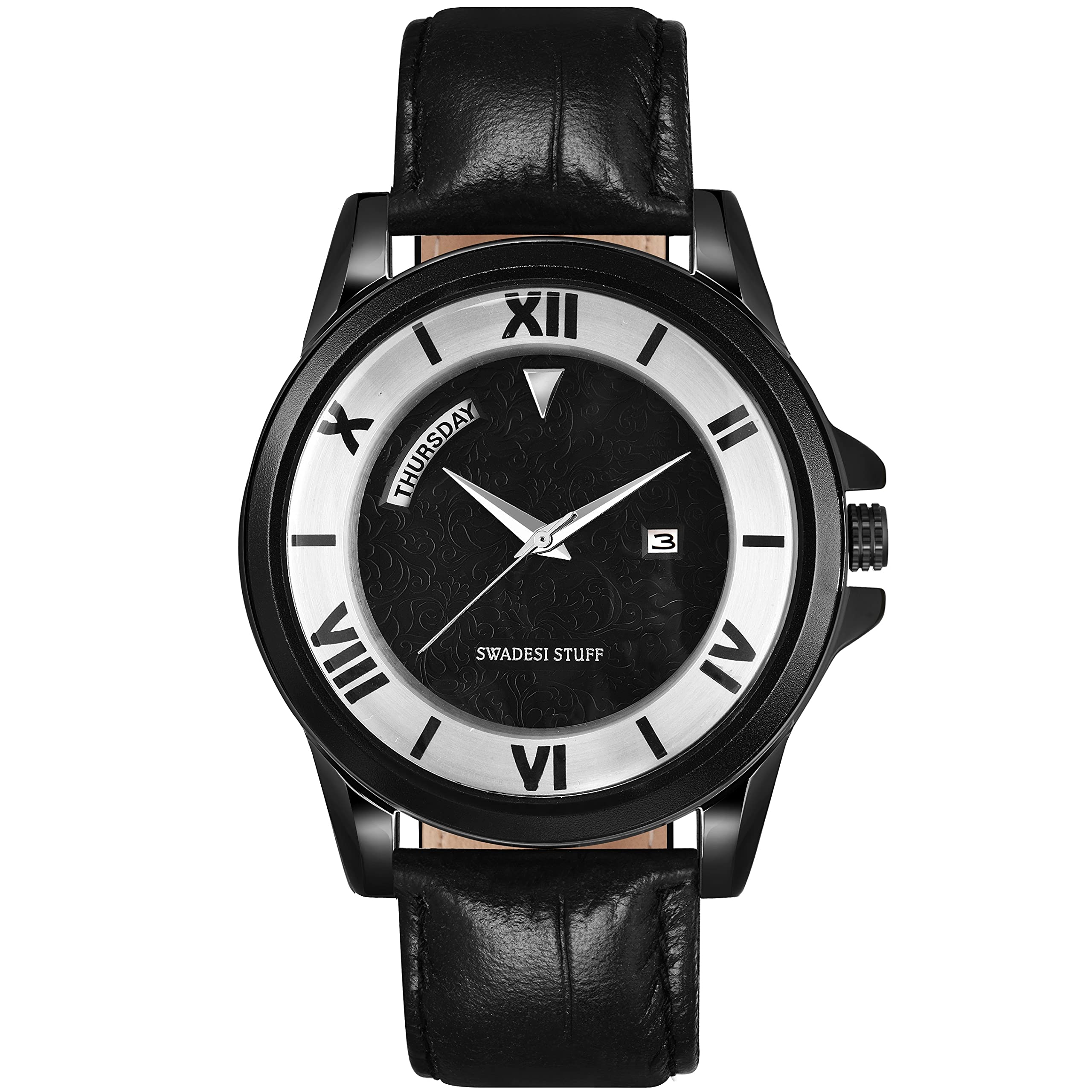 SWADESI STUFF Men's Luxury Day & Date Analogue Watch Silver & Colored Leather Strap Black, Black, strap