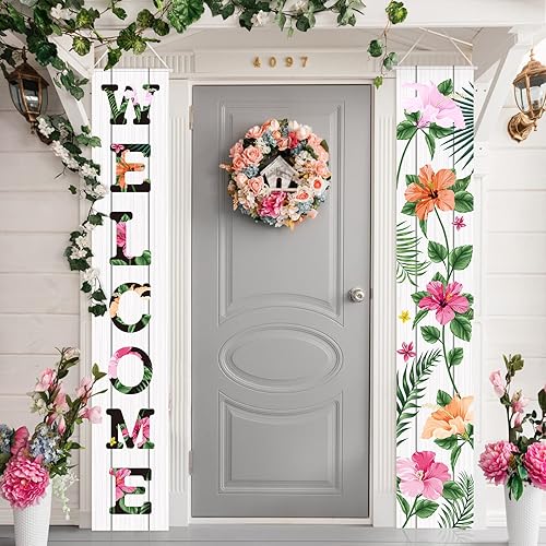Frienda 2 Pcs Spring Welcome Floral Porch Banners 72"x12" Summer Flower Hanging Flag Porch Sign for Front Door Outdoor Seasonal Holiday Wedding Yard Decor Farmhouse Indoor Wall Backdrop(Bright Style)