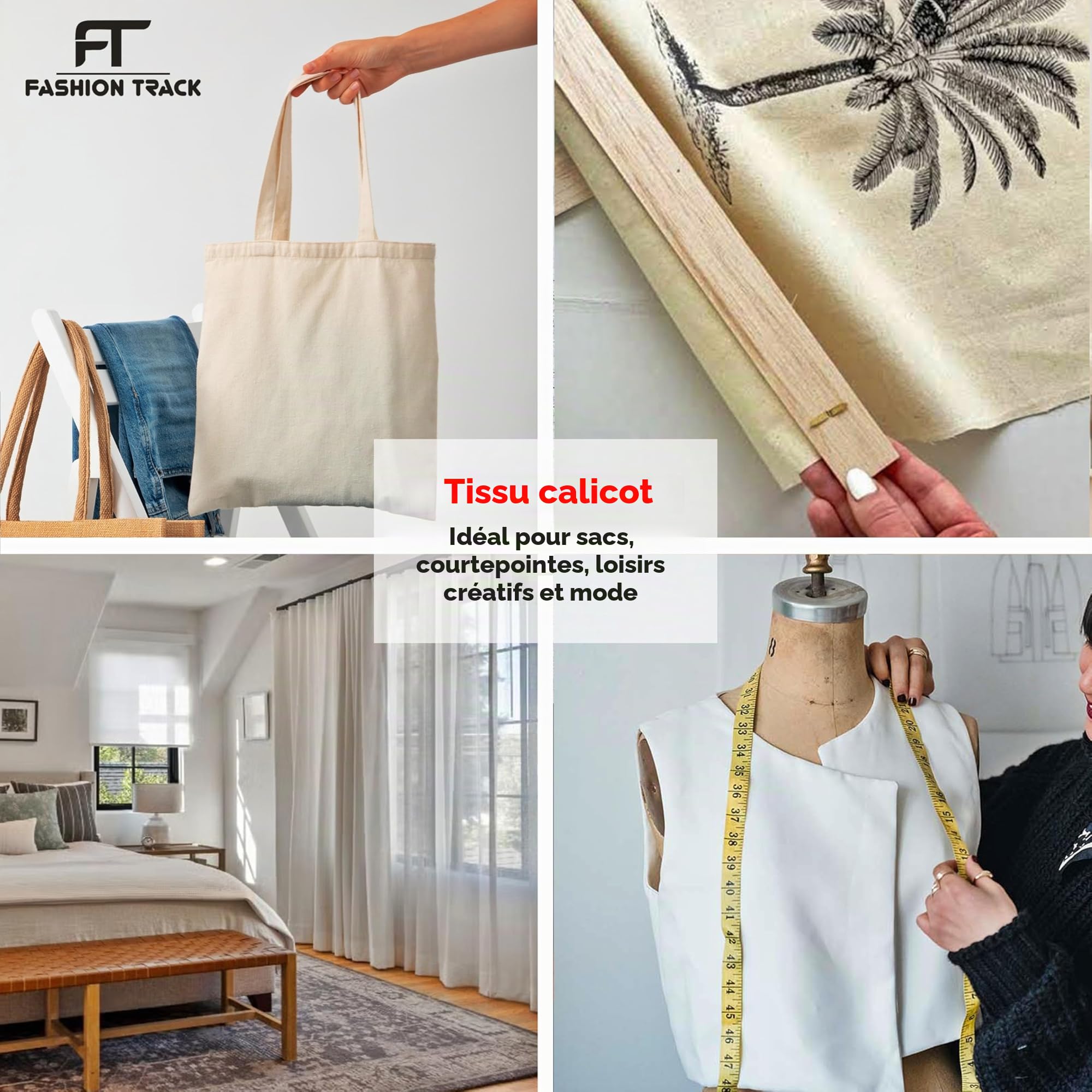 Tissu au mètre (10 m, calicot naturel) 147,5 cm de large, poids moyen, 100% coton, pour nappes, couture, matelassage, doublures de rideaux, housses de coussin et sacs fourre-tout | FT Fashion Track