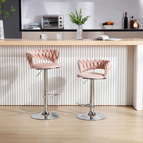Miniatura 35 de Juego de 2 taburetes de bar de terciopelo giratorios con base de metal dorado, taburetes de bar modernos de altura de mostrador para cocina, pub,