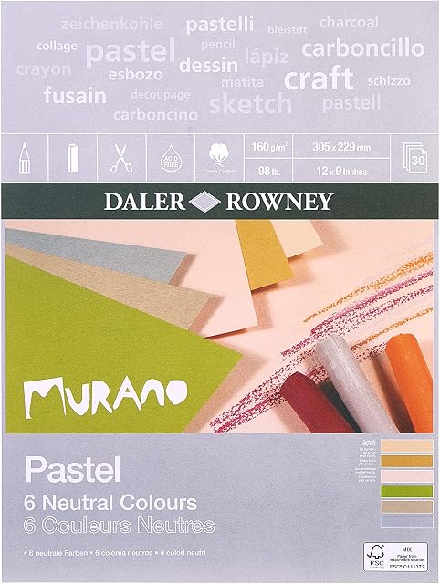 Daler-Rowney Murano 160gsm 12 x 9in Pastel Paper Pad, Honeycomb Texture, Glued 1 Side, Cotton Content, 30 Neutral Colours Sheets, Ideal for Professional Artists
