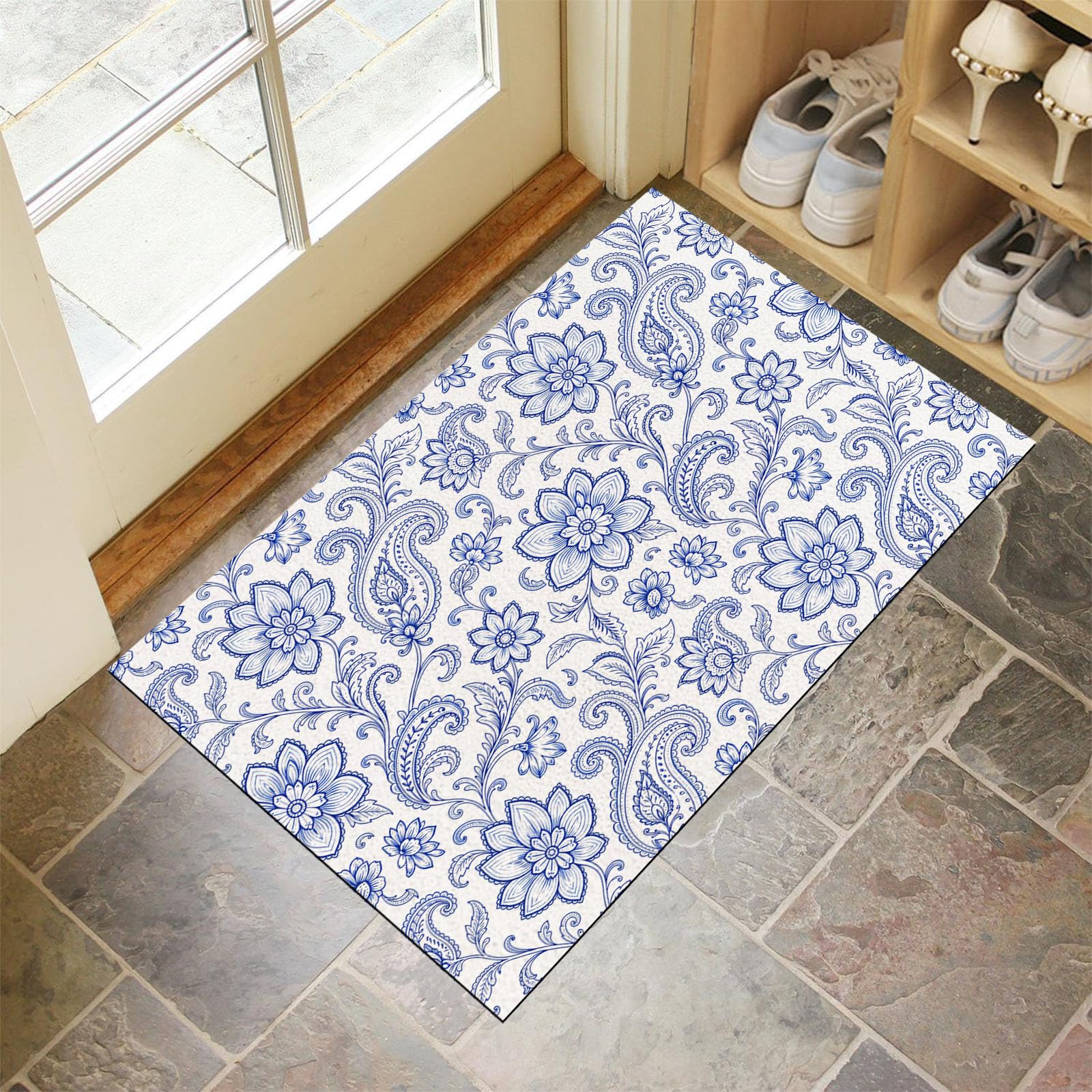 Zerbino Ingresso Interno Motivo Floreale Paisley Esotico, Zerbino Di Benvenuto Lavabile Morbida Piante Tradizionali, Antiscivolo Tappeto Da Decorazioni Blu Per Casa Porta, 90X150Cm