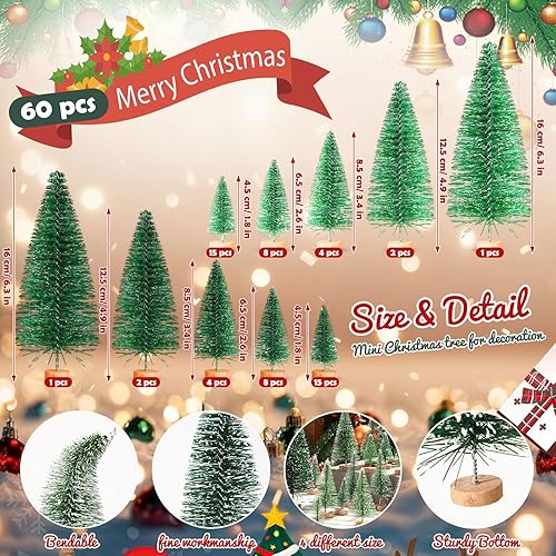 Miniatura 2 de SATINIOR 60 piezas de mini árbol de Navidad artificiales de sisal para árboles de nieve, árboles de Navidad, adornos de pinos con base de madera