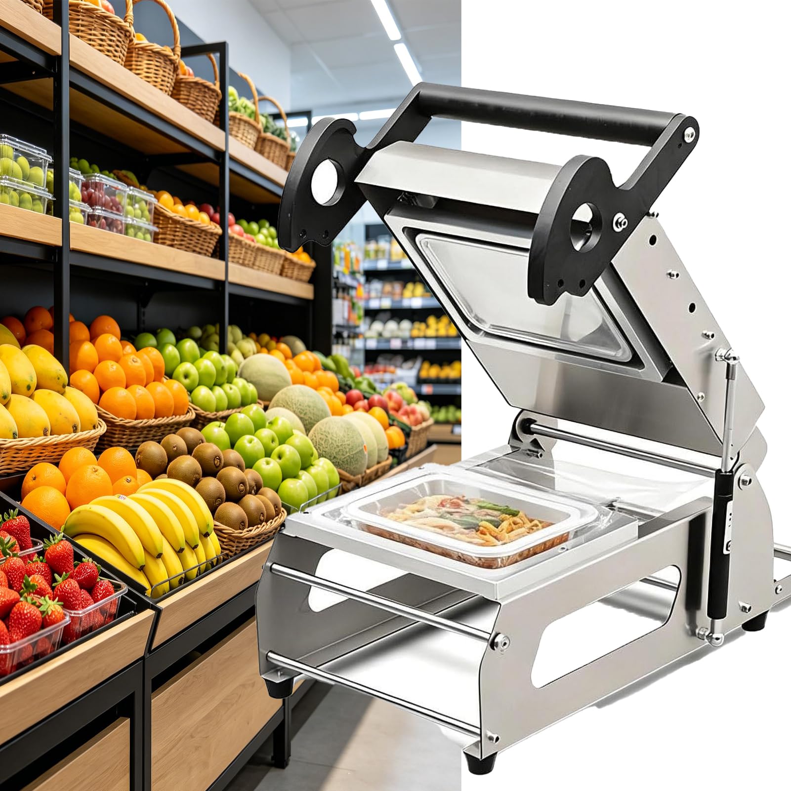 AVSMGP Semi-Automatic Tray Food Sealing Machine, Stainless Steel Hand Press Sealer with Non-Slip Handle, 7-8 Seals/Min for Restaurants, Delis, And Seafood Markets