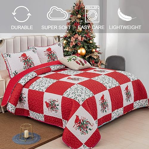 Miniatura 2 de WONGS BEDDING Juego de edredón de Navidad tamaño King (90 x 103 pulgadas), ropa de cama con patrón de bayas rojas y cardenales, colcha acolchada