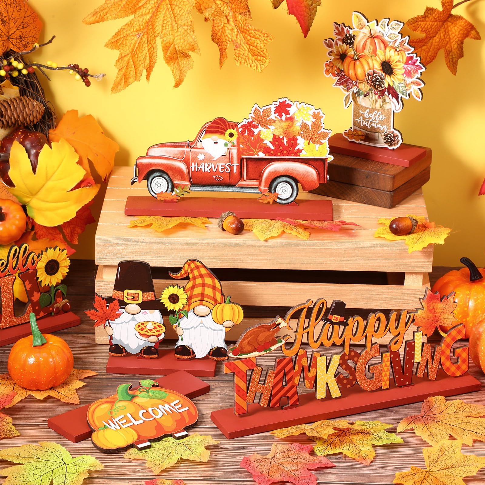 Snapklik.com : 6 Pcs Fall Table Decorations Wooden Thanksgiving Table