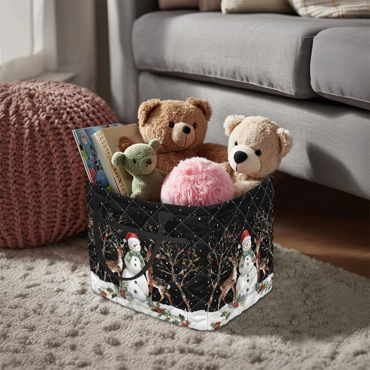 Christmas Quilted Fabric Basket with Pocket Foldable Laundry Hamper Snowman Collapsible Storage Baskets with Handles for Organizing Clothes Bedding
