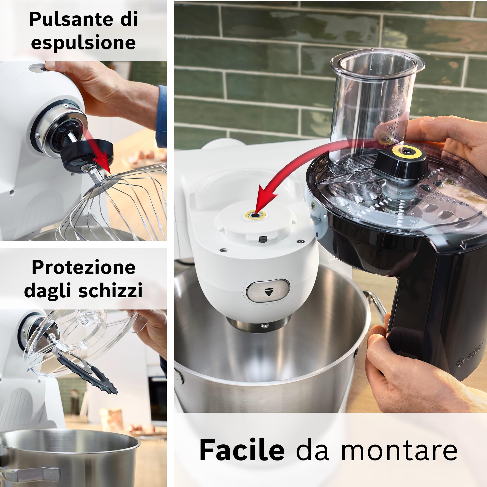 Bosch Serie 6 Planetaria MUMS6EW22, Potente Motore da 1600 W, Ciotola XXL da 5.5 L in Acciaio Inox, Frusta e Ganci, Dischi Vari, Frullatore, Accessori Inclusi Lavabili in Lavastoviglie, Bianco