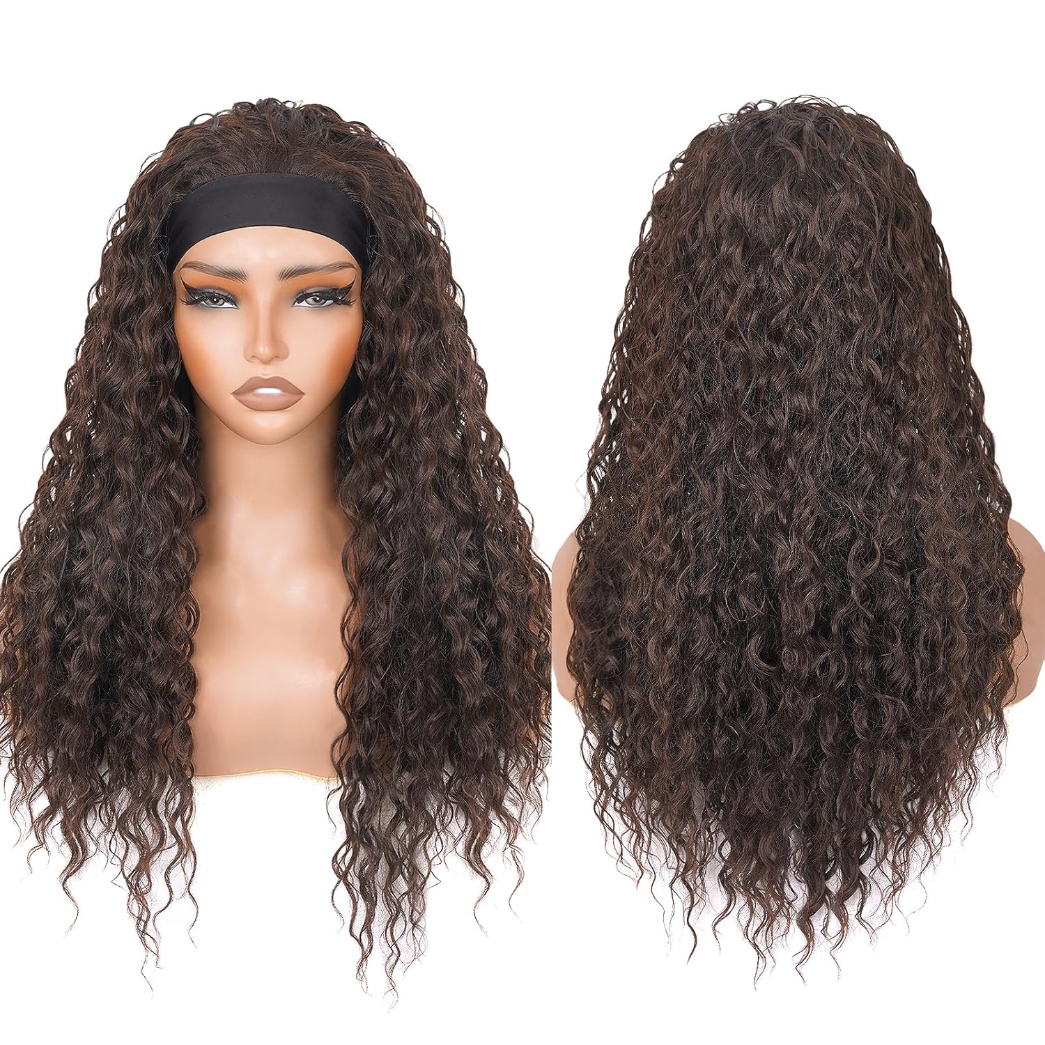 Curly Headband Wig for Women, 20 Inch Wear and Go Glueless Wigs Deep Wave Wig Half Wig As Human Hair with 1 Headband, 180% Density Synthetic Wigs None Lace Front (Short Curly-OMBREBROWN)