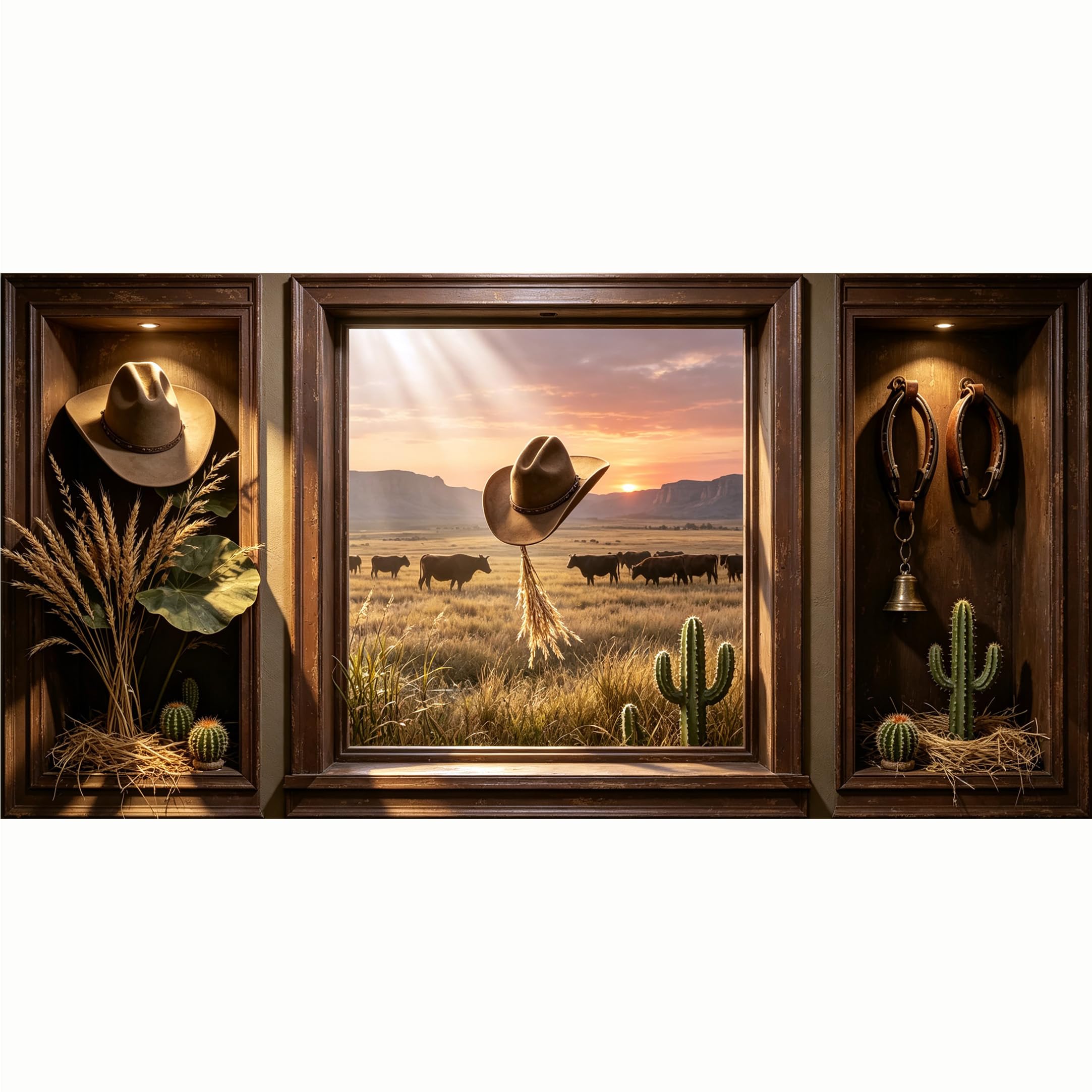 QZLITHOTIC 50x100cm 3D Framed Wall Art， Sunset Ranch Cowboy Hat Cattle Desert Cactus SelfAdhesive Mural， WaterActivated Peel & Stick Fabric Decor Wall Decal for Bedroom Living Room