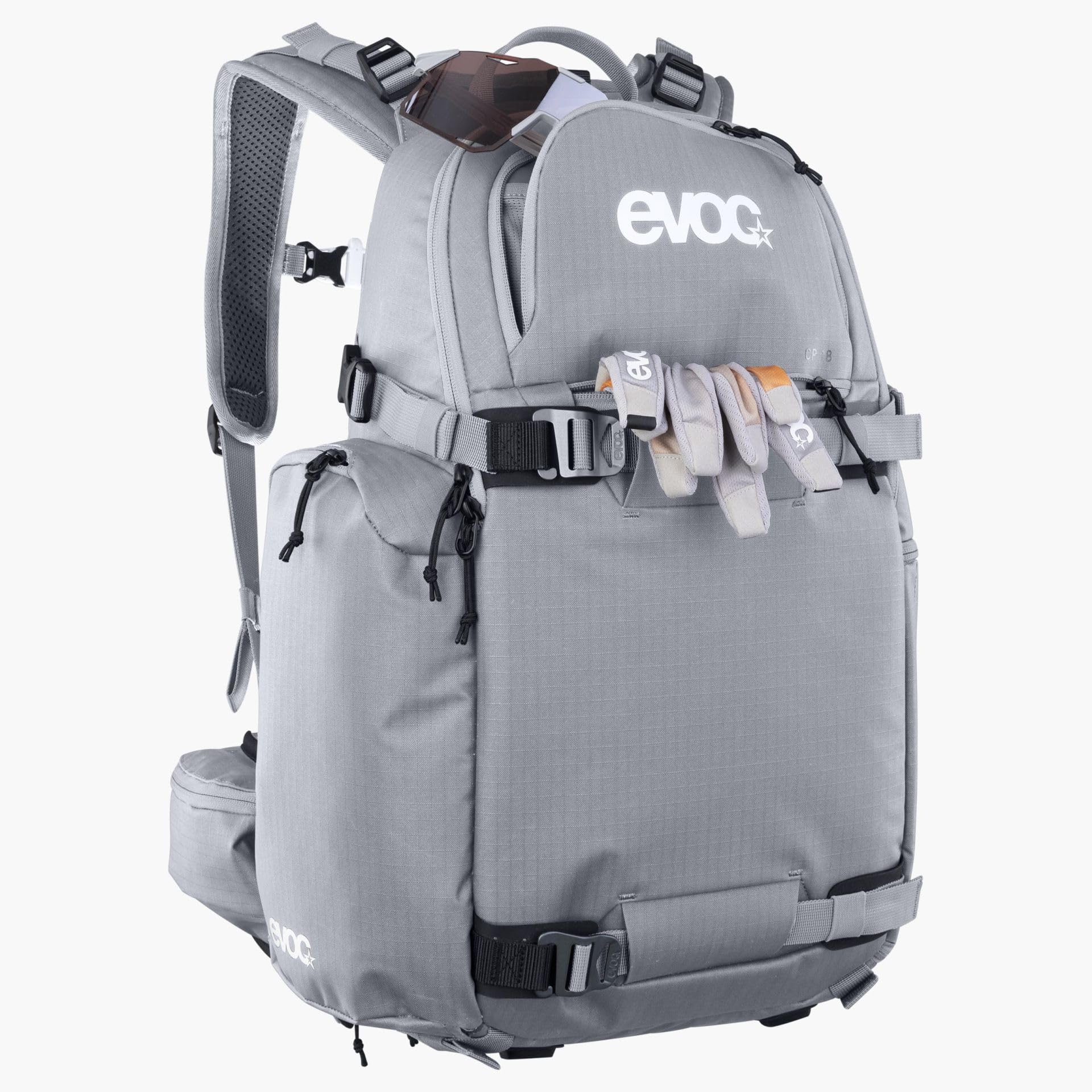 Plecak sportowy EVOC CP 18, lekki plecak trekkingowy (podział 50/50 na aparat i sprzęt, elastyczny pas biodrowy na plecaku, wymiary: 17 x 52 x 29 cm, pojemność: 18 l), kamienny szary