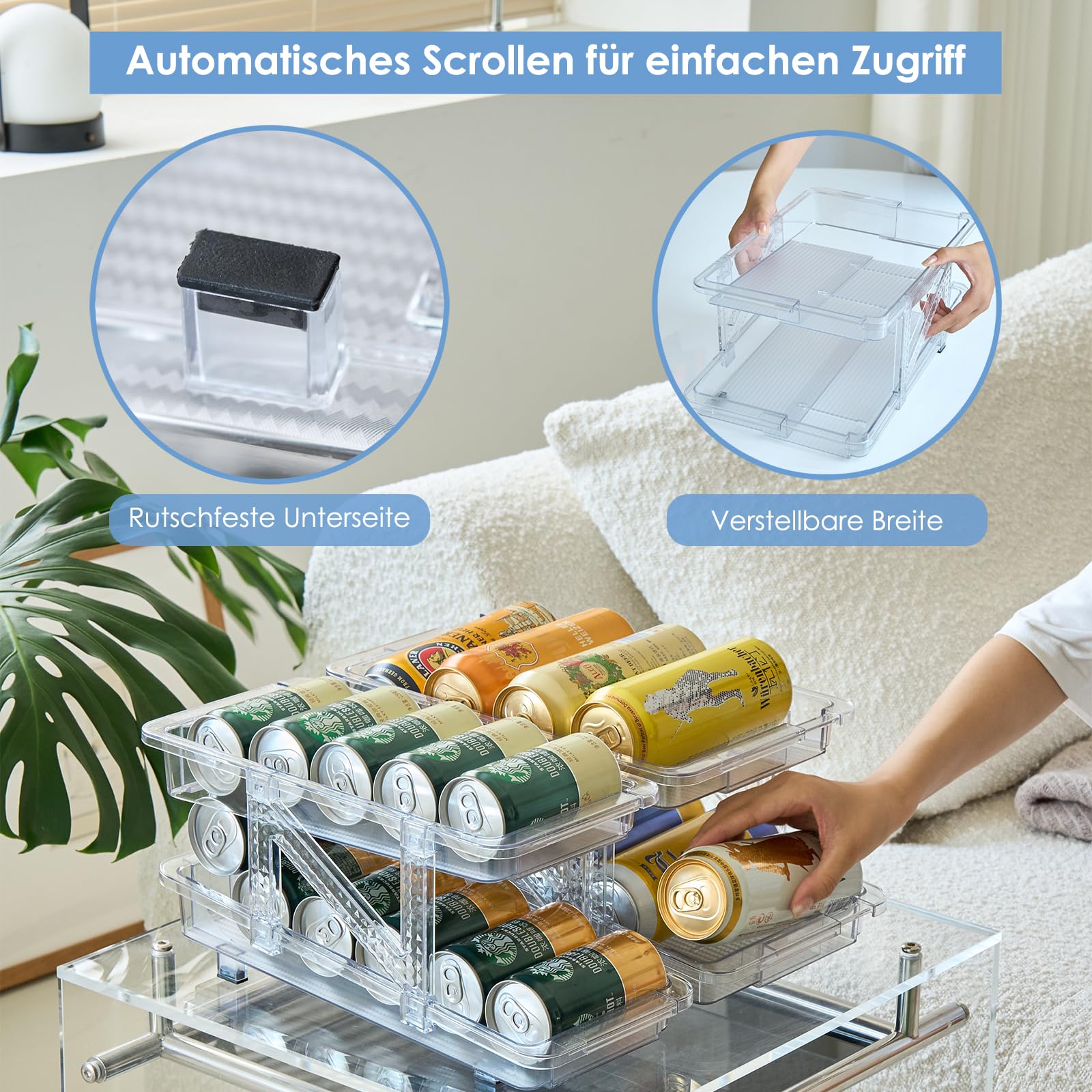 Voency Rollen Kühlschrank Organizer Dosenspender Dosenhalter, 2 Tier Getränkedosen Bier Soda Dosen Aufbewahrungbox für Kühlschrank Küche Pantry Kabinett