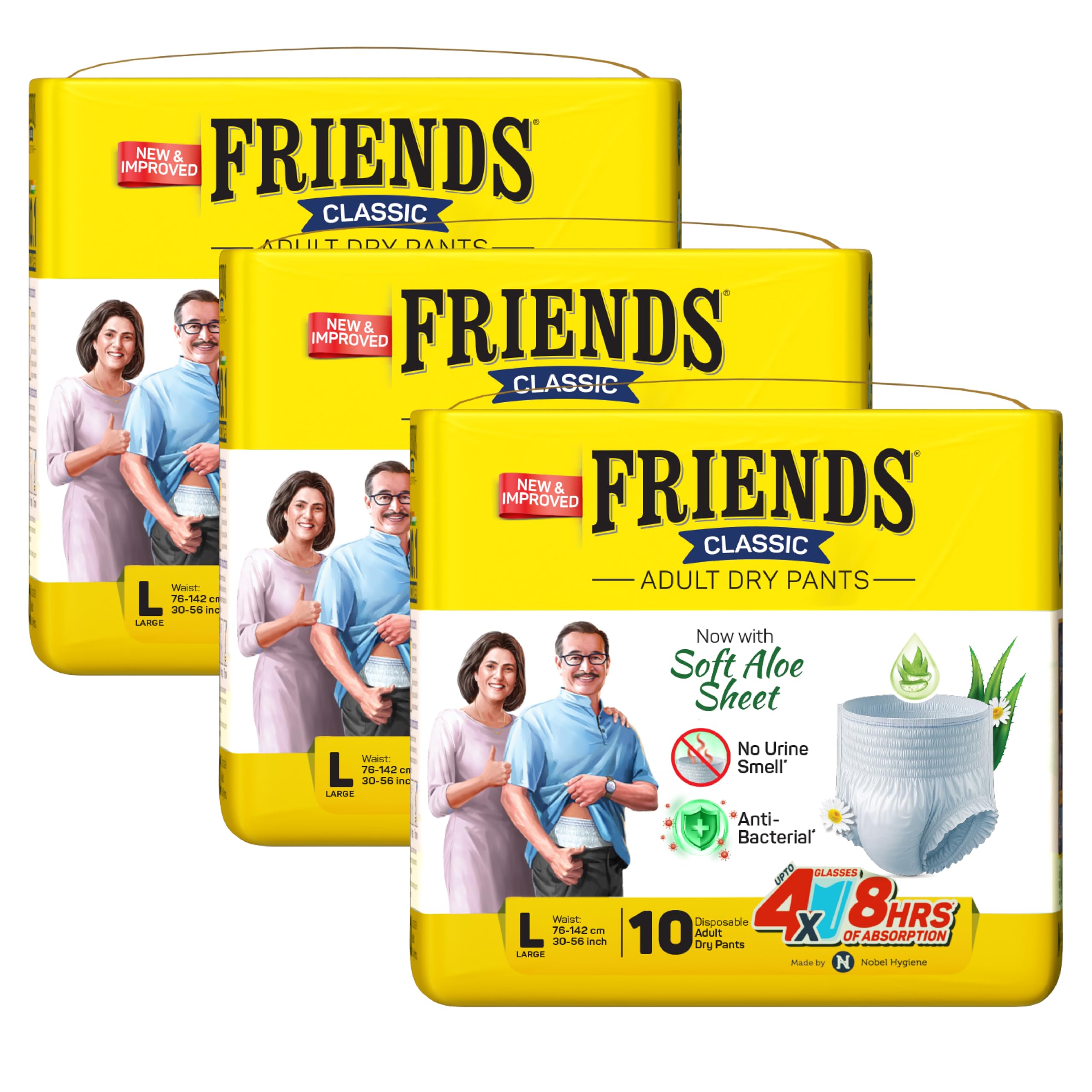 Friends Classic Adult Diaper L Size Pants | 30 Count (Large) | Waist 30-56 inch | Aloe Vera | Unisex | Quick & Even Absorption | Long Protection hours | Brief-Like Fit | Odour Lock | Leakproof | Elastic Waist & Anti-Bacterial Absorbent Core