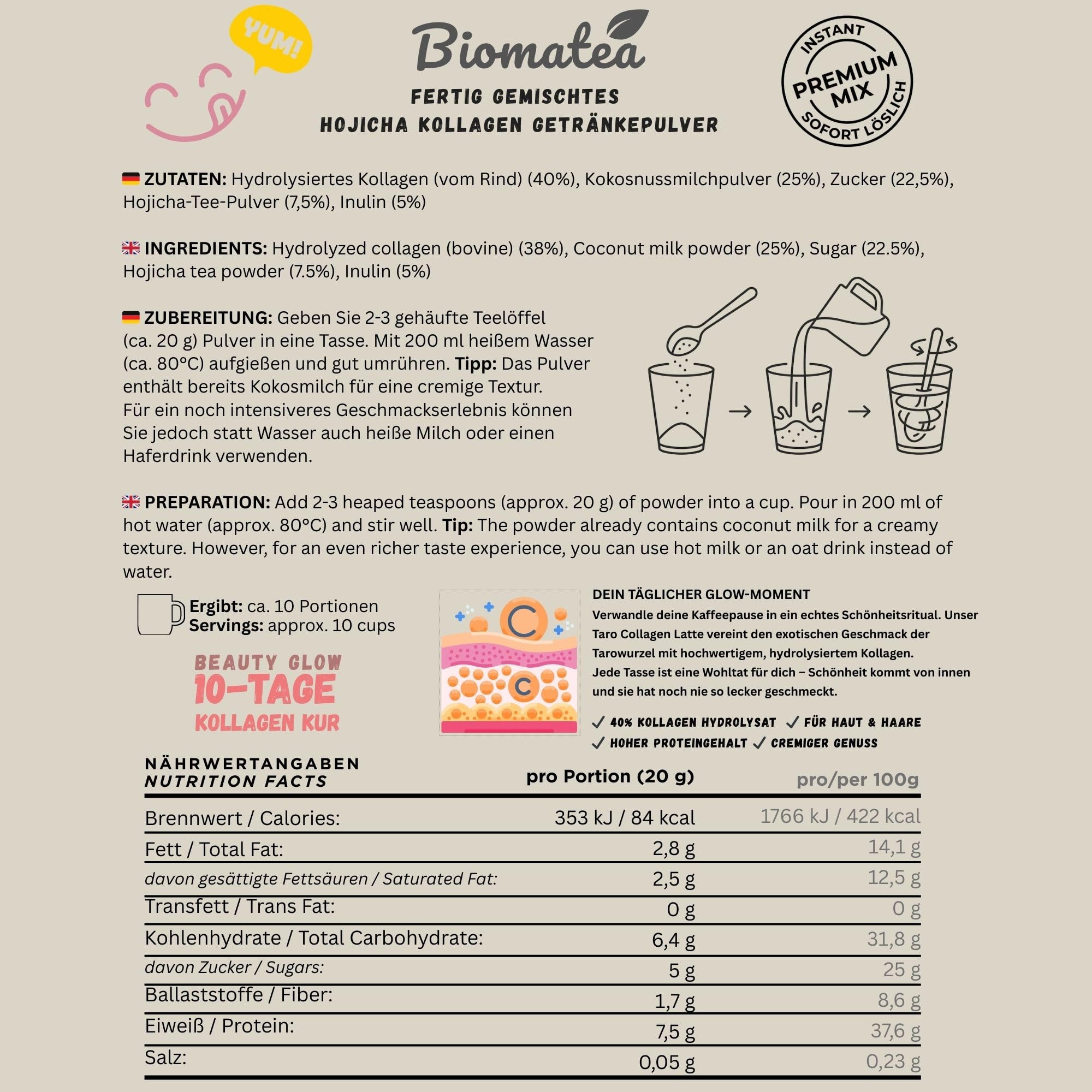 Biomatea 10-dniowy Beauty Glow kuracja – Hojicha kolagen Latte w proszku, japońska herbata palona z peptydami kolagenowymi dla promiennej skóry i jędrnych paznokci – kremowa mieszanka instant z