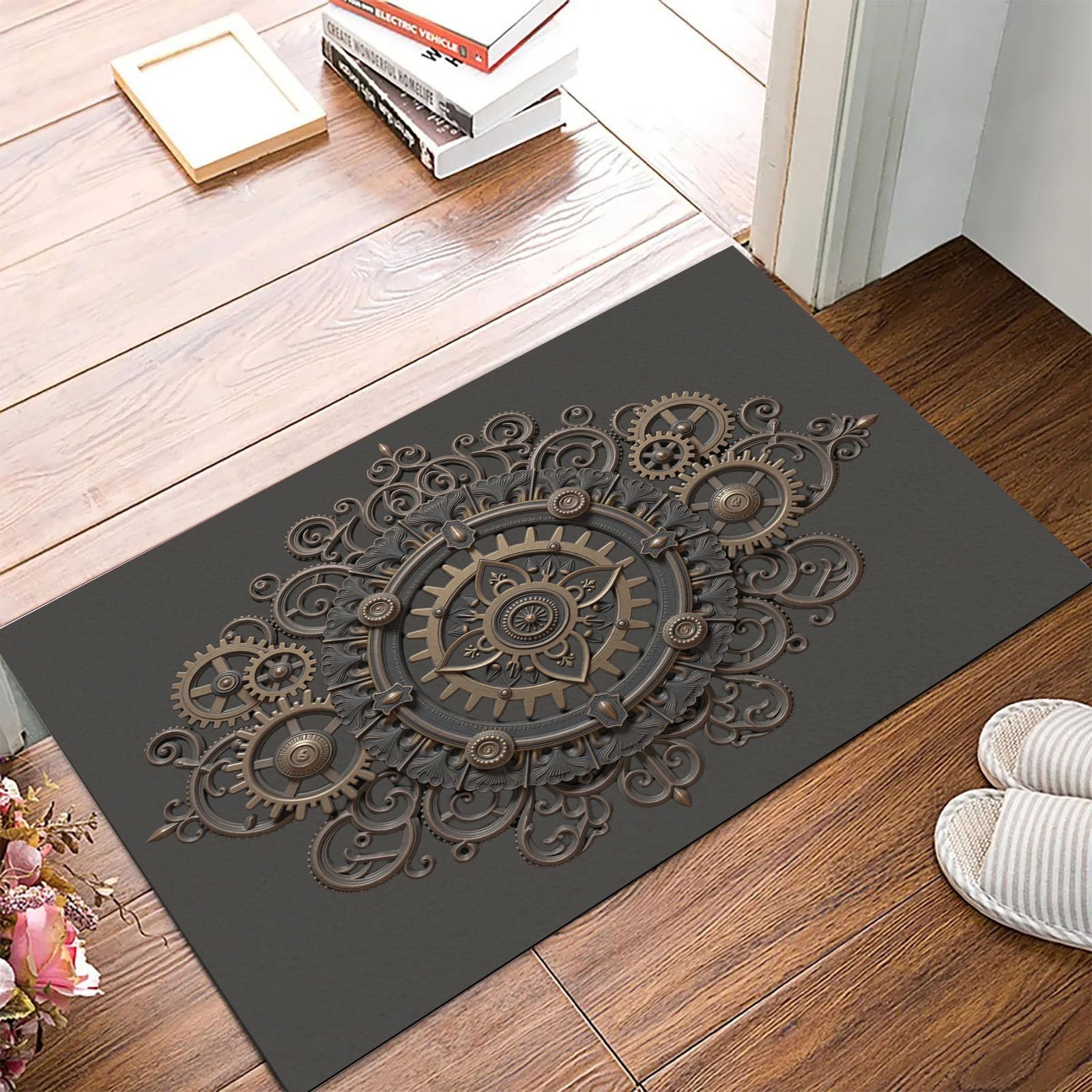 Paillasson lavable et antidérapant à engrenages tapis d'intérieur pliable bronze 60x90cm