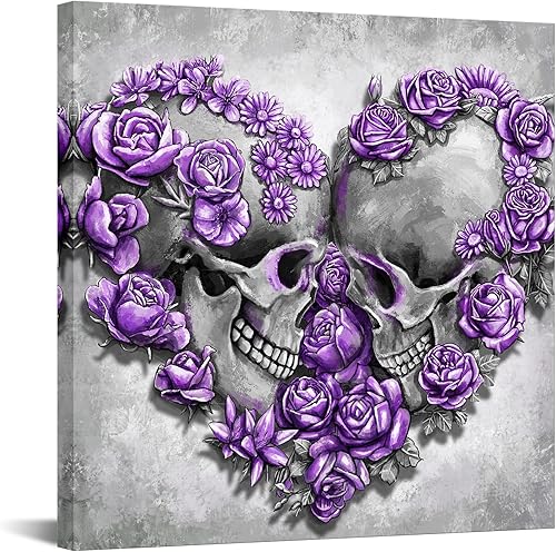 Artsbay Arte de pared de calavera con pintura de flores moradas, arte de esqueleto en lienzo para Halloween, dormitorio, sala de estar, decoración