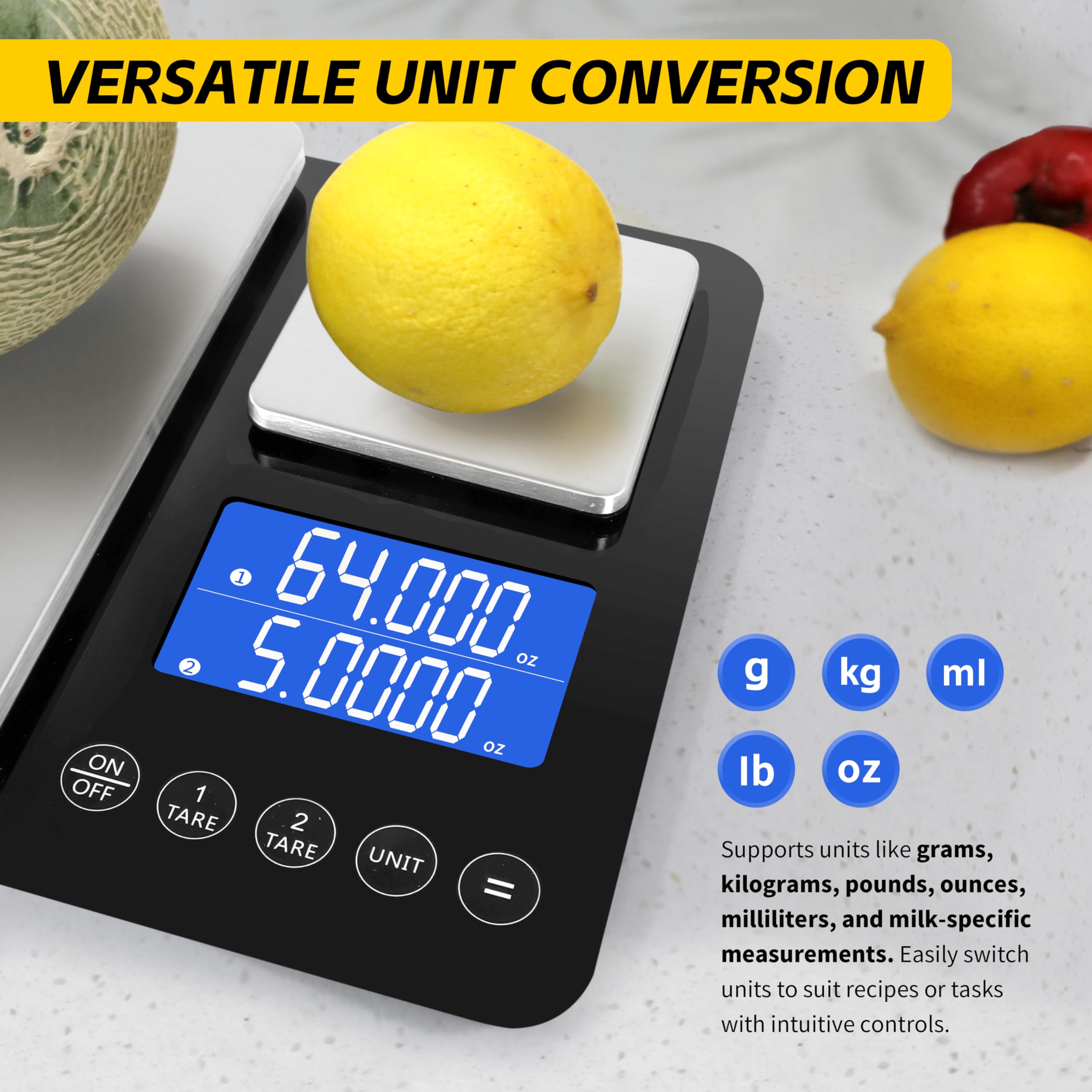 MaxWorks Bilancia da cucina digitale a doppia piattaforma, capacità 10 kg, 28 x 17,8 x 3 cm, unità g kg, lb oz ml, unità di conversione in acciaio inox con vetro temperato + HIPS