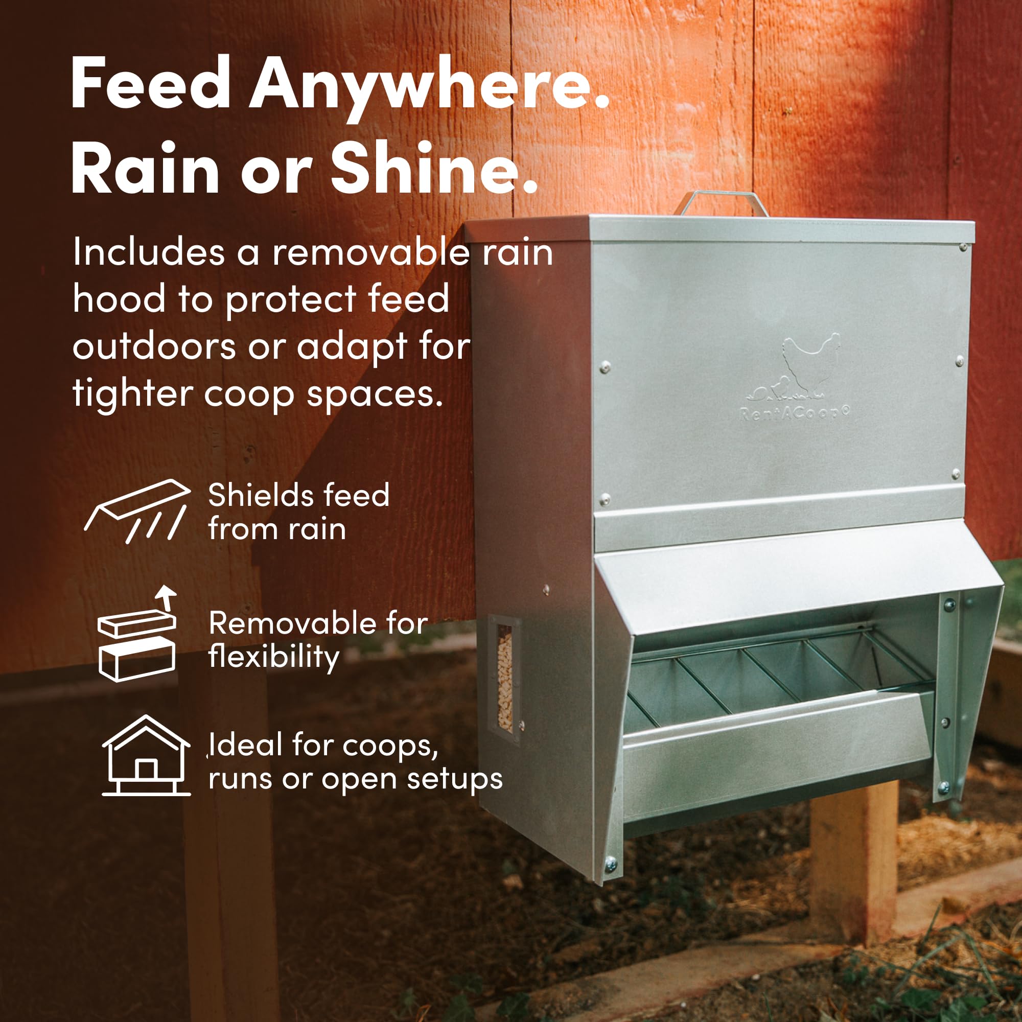 RentACoop Comedero galvanizado para pollo, dispensador de alimentos para aves de corral resistente a la intemperie con tapa, capacidad de 25 libras