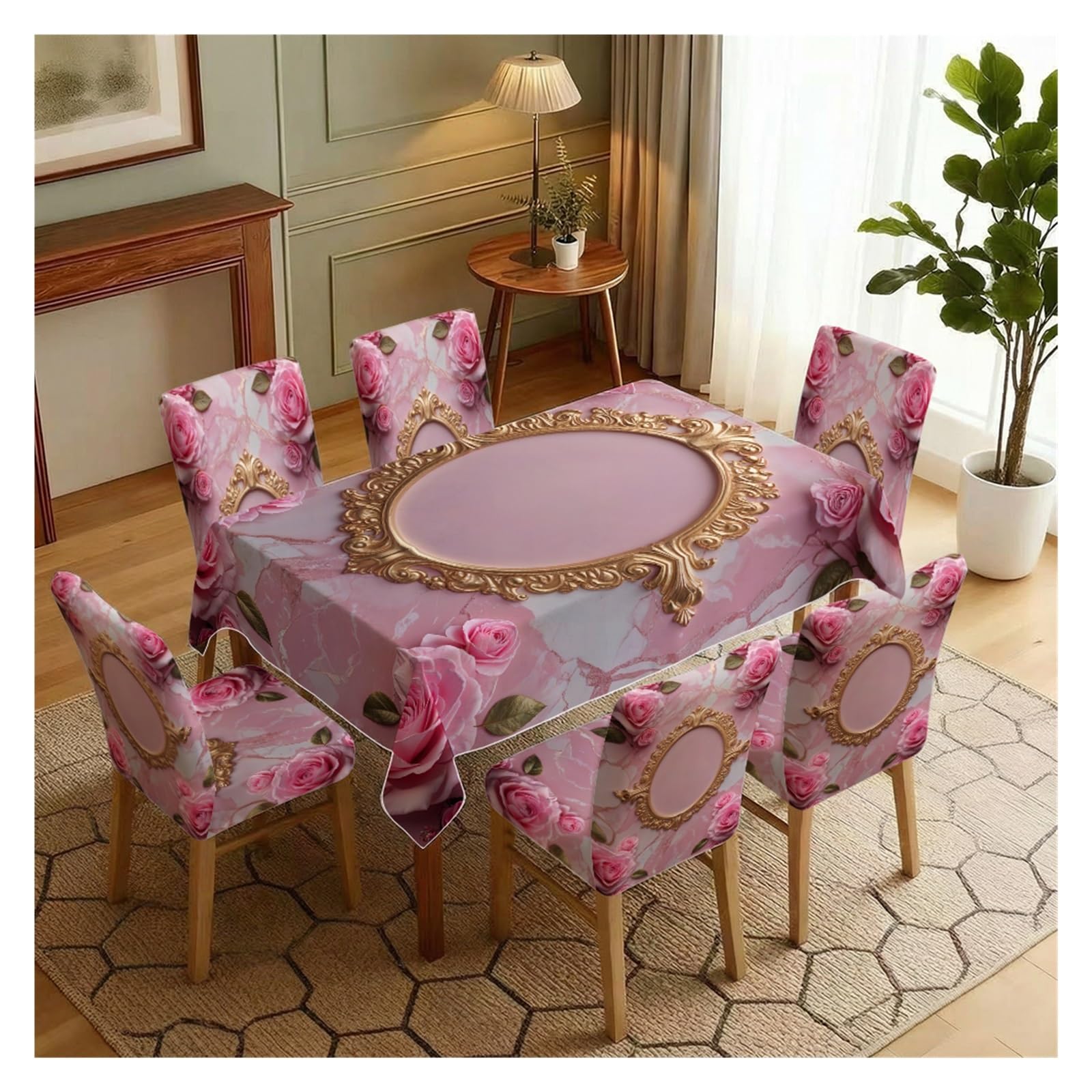 BOSUYBN Stretch Dining Chair Slipcover & Tablecloth Set, Pink Marble Rose Gold Frame Floral Print, 5/7 Pack, Luxury Romantic Home Decor Table Setting(7pcs Set: Tablecloth+Chair Covers)
