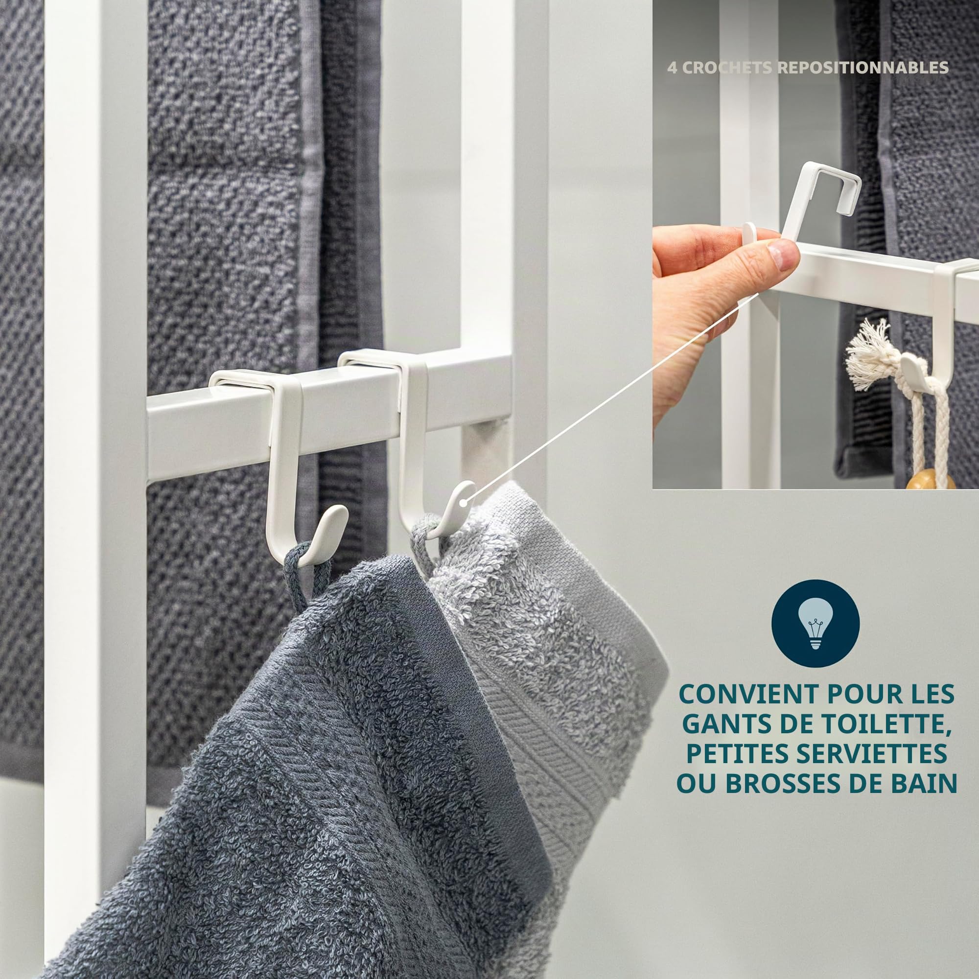 eluno Porte-Serviettes sur Pied en métal avec Bambou, Extra Large, pour Grandes Serviettes de Douche, Porte-Serviettes de Bain, avec 2 Barres Porte-Serviettes et 4 Crochets (Blanc)