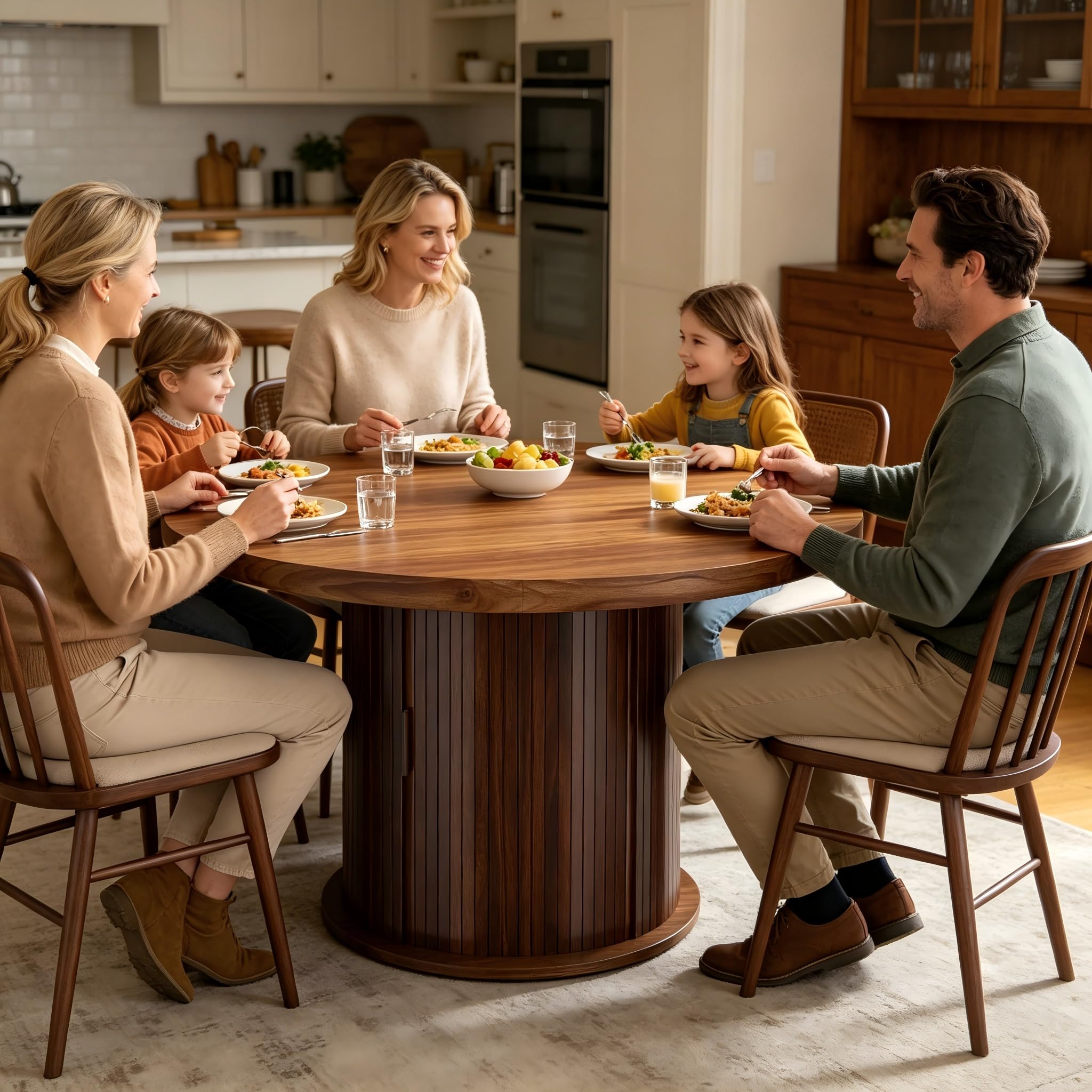 Tavolo da Pranzo Rotondo 120 cm, Tavolo Cucina per 4-6 Persone con Funzione di Ripostiglio e Portata fino a 150 kg, per Sala da Pranzo, Cucina, MDF, Noce Scuro, 120 x 120 x 75 cm
