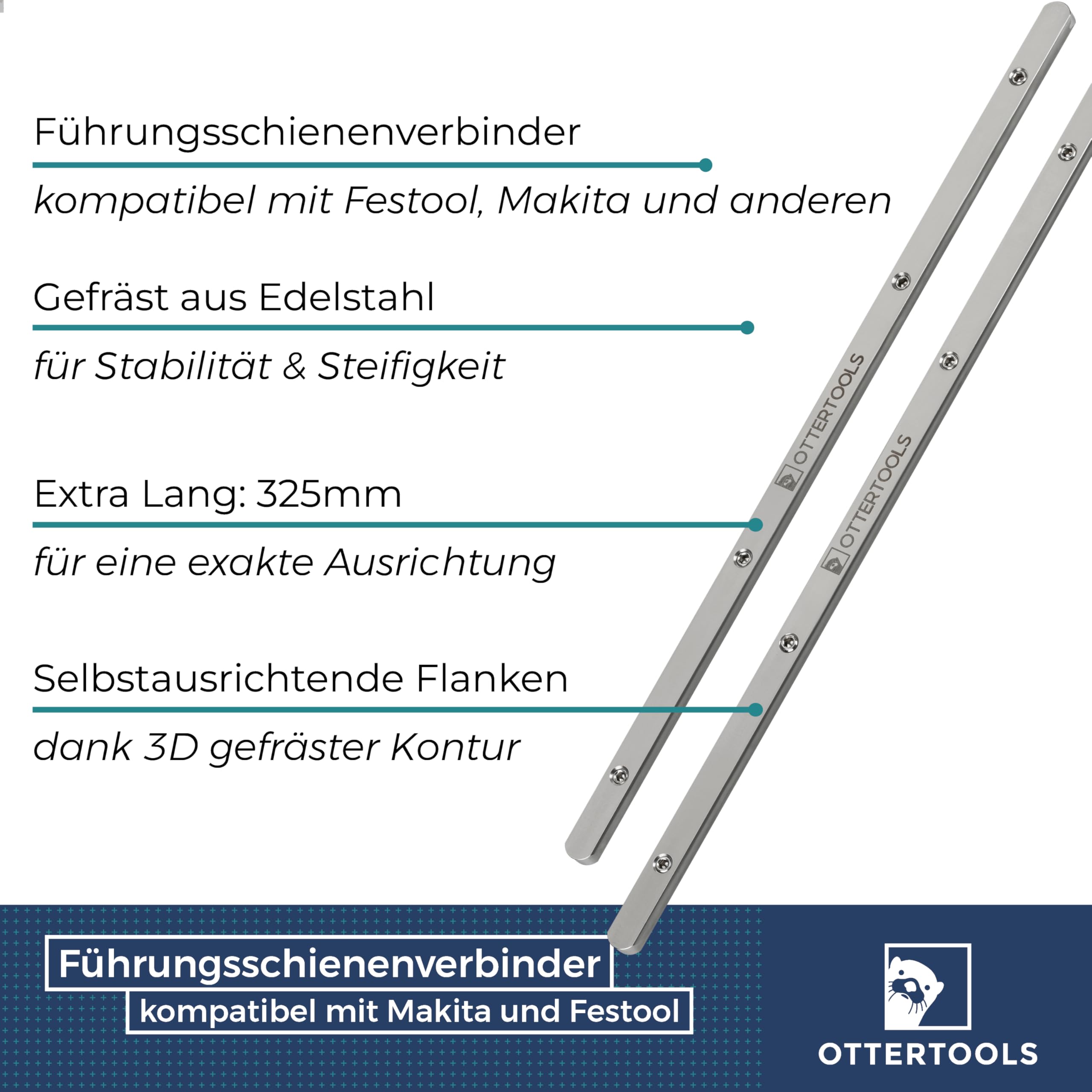 FSV Führungsschienenverbinder 2er Set – Edelstahl, selbstzentrierend durch konische Kanten – Kompatibel mit Makita & Festool – für präzise, versatzfreie Schnitte