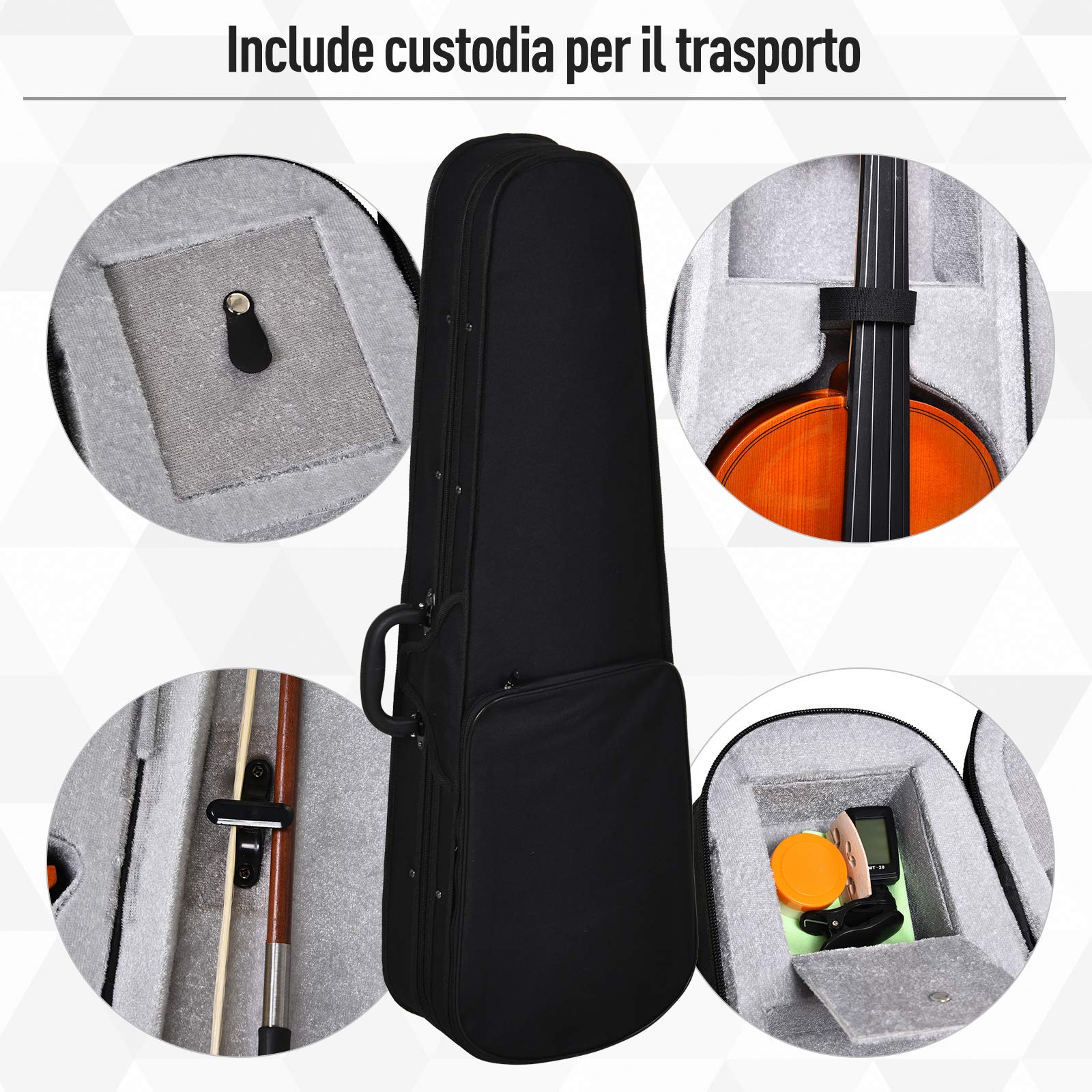 HOMCOM Violino 4/4 con Accessori Inclusi per Adulti 58.5 x 21.5 x 7cm | Custodia, Archetto, Corde, Ponticello, Accordatore