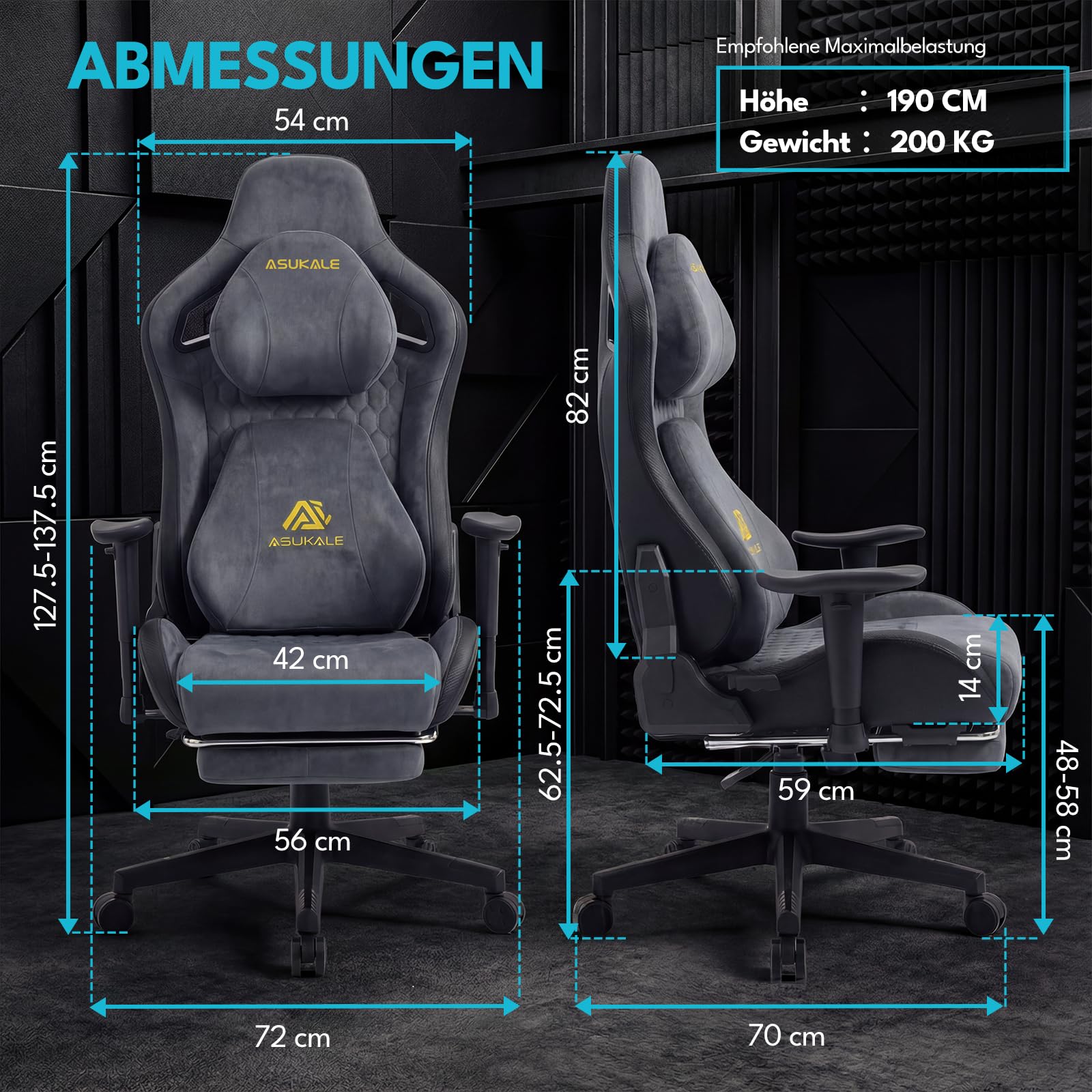 Gaming Stuhl | Ergonomischer Bürostuhl mit Fußstütze, Kopfstütze, 90-155° Rückenlehne, Wildlederimitat