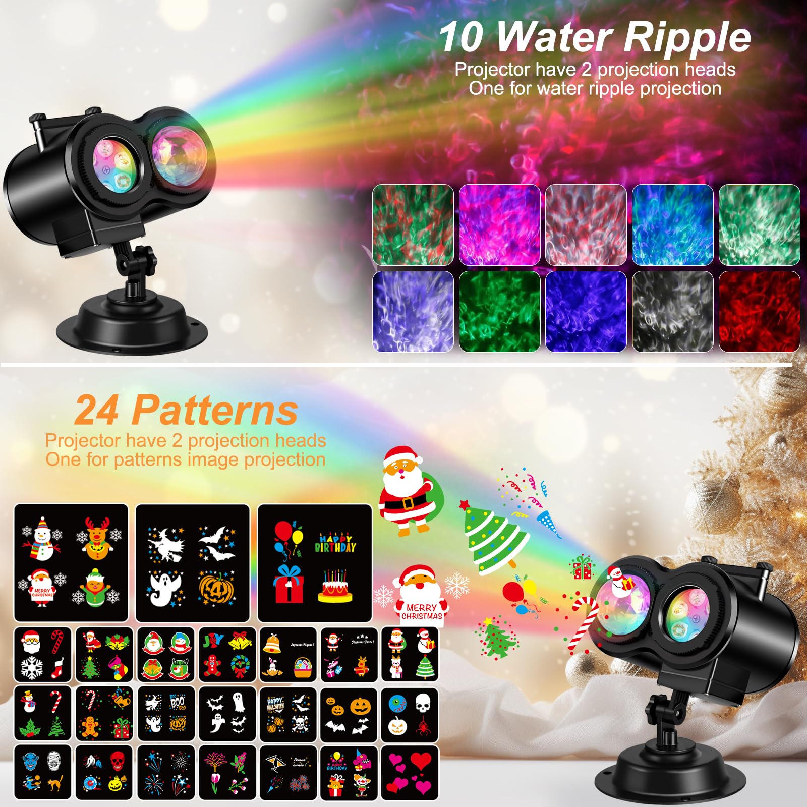 LED Projektor Weihnachten,Halloween Projektor outdoor mit 24 Dias und Ocean Wave Effect,Weihnachtsdeko Aussen IP44 wasserdicht Christmas Lichter für Weihnachten,Halloween,Geschenk