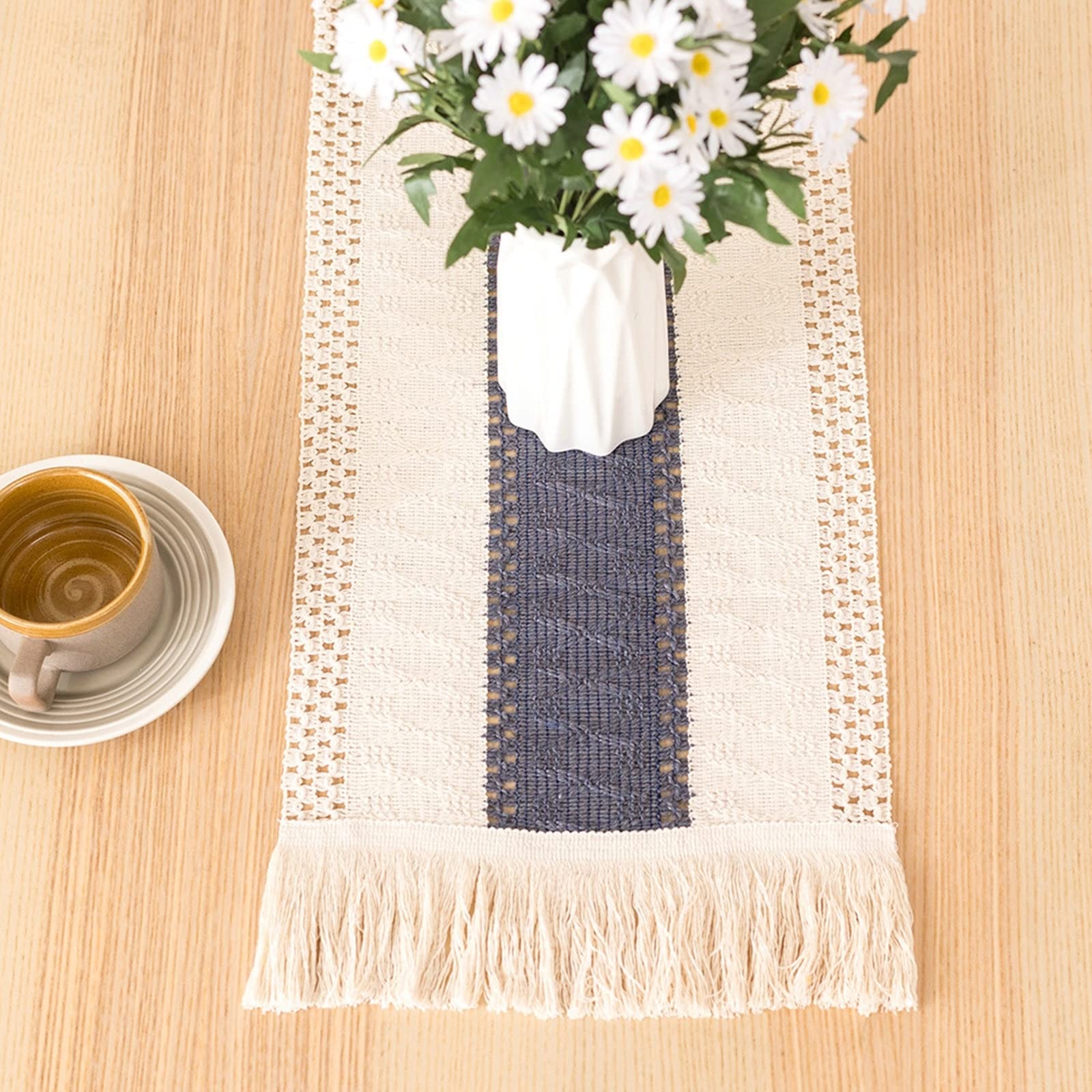 Tischläufer Modern Baumwollleinen, Tischläufer Hochzeit 30x280 cm, Zweifarbig Gewebt mit Quasten