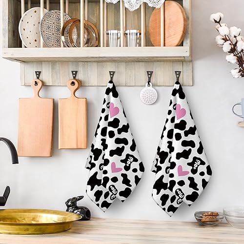 Miniatura 4 de Juego de 2 toallas de cocina decorativas con estampado de vaca y corazón rosa con lazo para colgar, toallas suaves y absorbentes para secar la