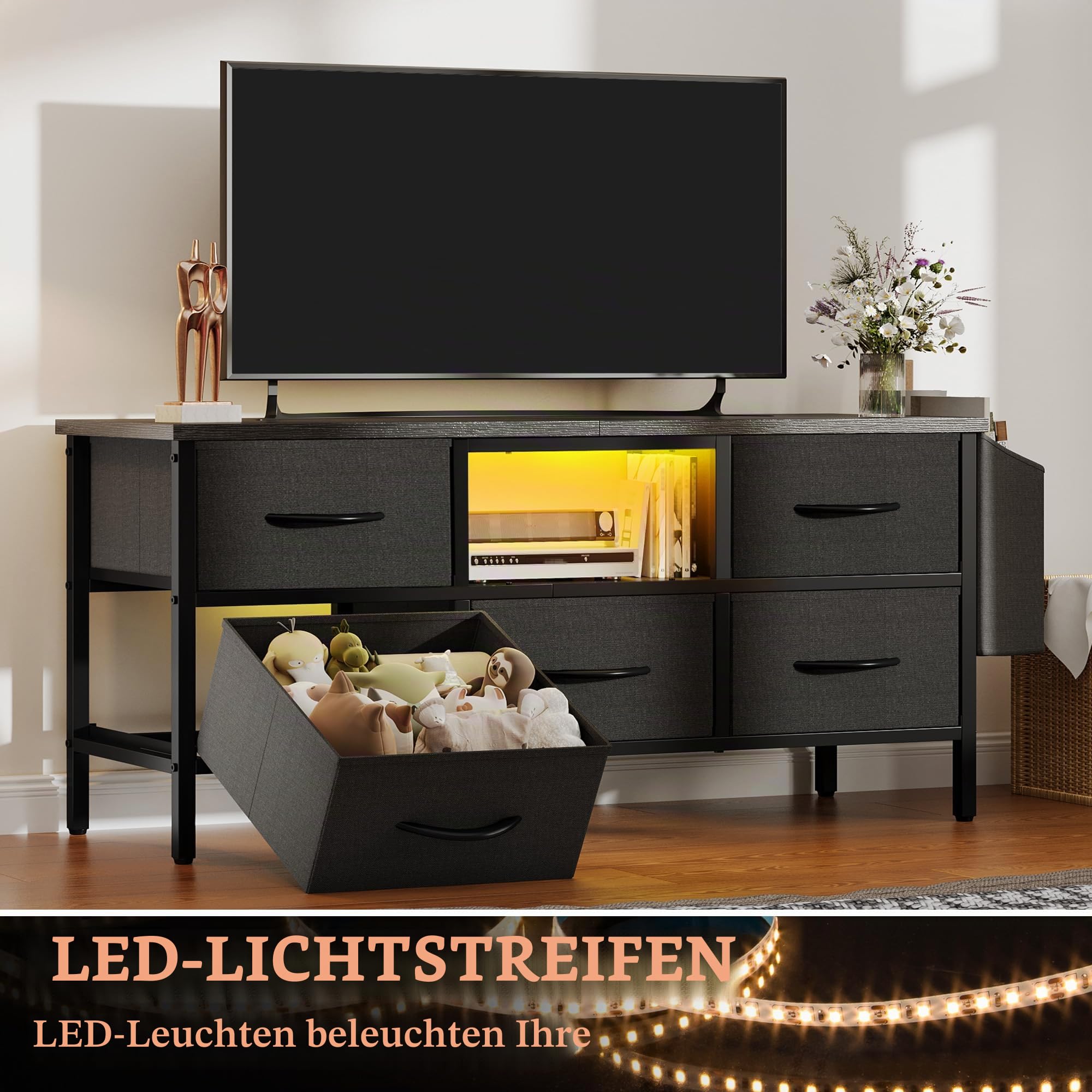 YITAHOME TV-Schrank, TV-Ständer für Wohnzimmer mit 5 faltbaren Schubladen und Regalen, TV-Ständer mit RGB-LED-beleuchtetem TV-Entertainment-Center mit Schrank, 145 x 35 x 50 cm, Schwarz