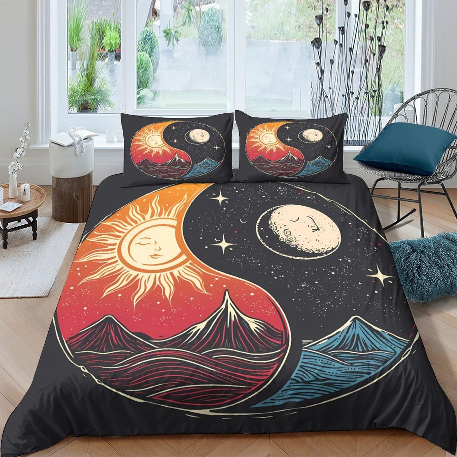 Ctjqhvkz Style-5 3D Printed Sun Moon Fitted Sheet Microfiber Soft Artistic Night Sky Bed Cover For Bedroom Guest Room Decor Single（135X200cm）