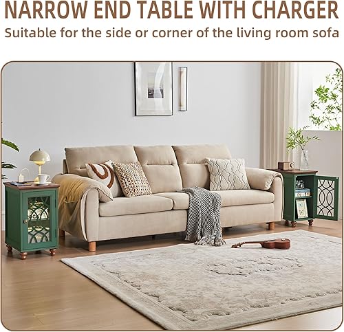 Miniatura 5 de Mesa auxiliar estrecha con estación de carga, juego de 2, mesita de noche con puerta de granero de cristal, mesas auxiliares de noche con estante