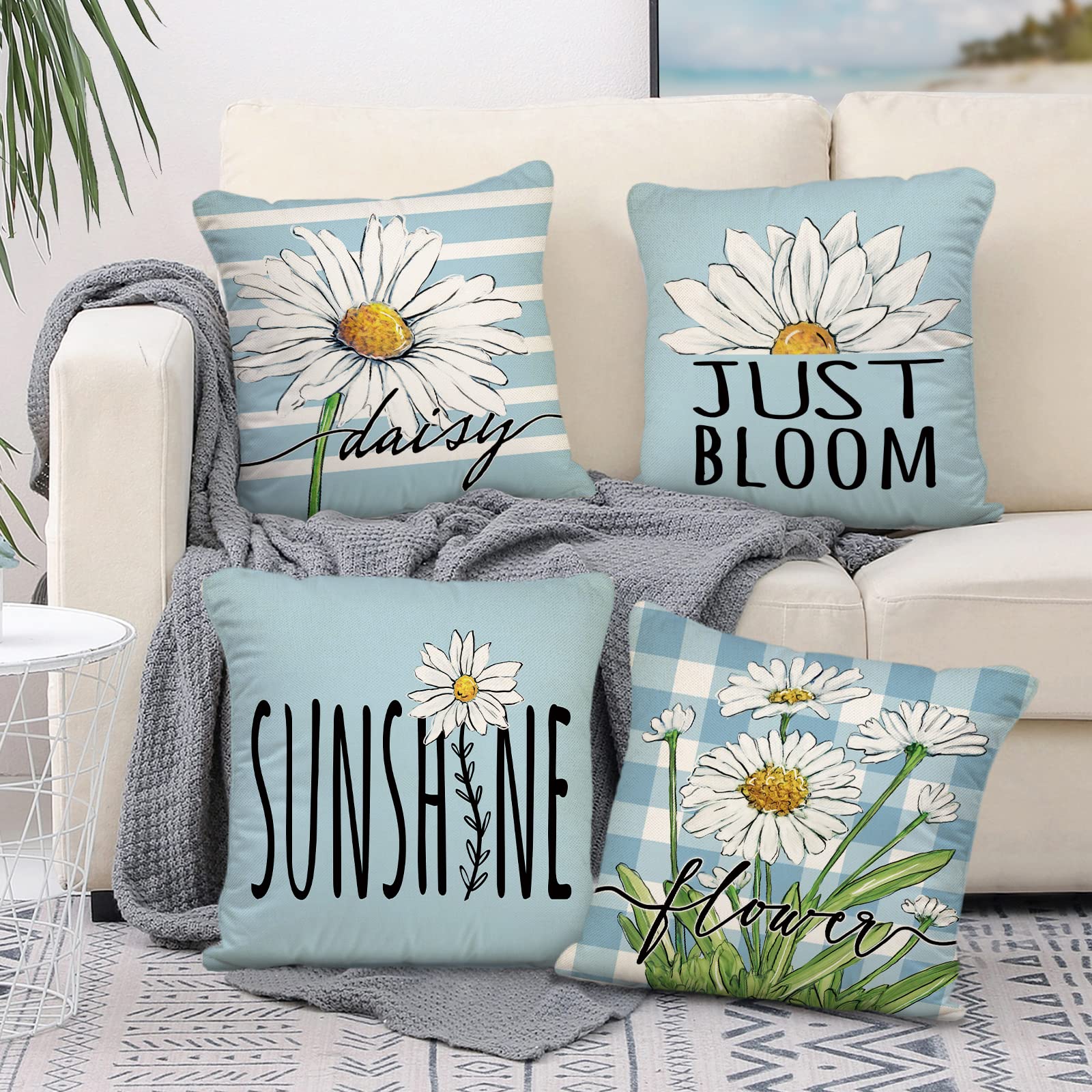 Bonhause Lime Green Pillow Covers 18 X 18 Inch Set Of 4 Outdoor Geometric Dahlia Pinnata Floral Decorative Throw Pillow Cases Linen Cushion Covers For Sofa Couch Car Bedroom Home Decor - View #8