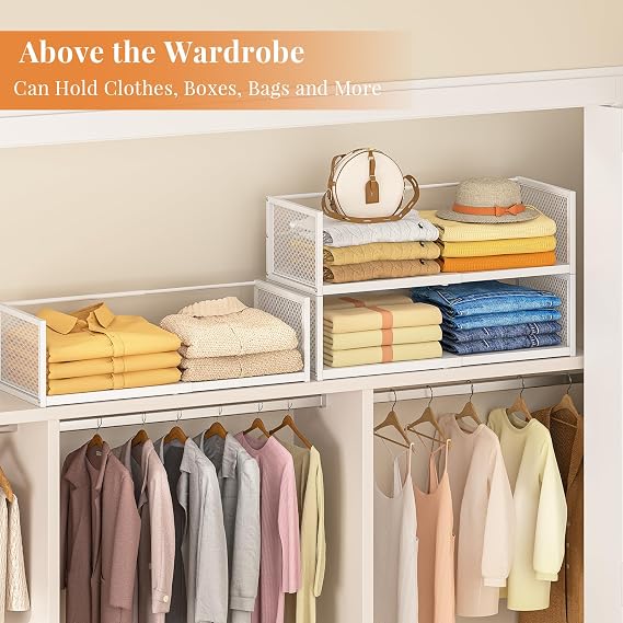 Expandable Closet Organizers and Storage, 2 Pack Stackable Closet Shelves, Metal Clothes Sweater Shelf Organizer for Closet, Multifunctional Storage Basket for Office Bathroom Bedroom Dressing, White