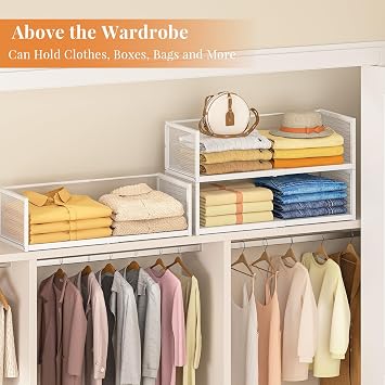 Expandable Closet Organizers and Storage, 2 Pack Stackable Closet Shelves, Metal Clothes Sweater Shelf Organizer for Closet, Multifunctional Storage Basket for Office Bathroom Bedroom Dressing, White