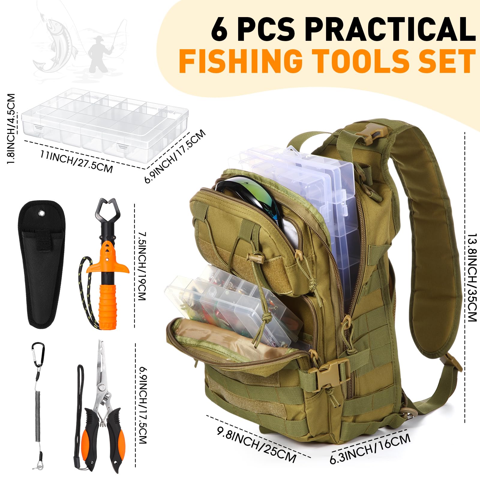 Eccliy Lot de 6 outils de pêche tactiques - Sac à dos et pinces de pêche - Boîte de rangement pour poissons - Cadeau pour homme et femme (kaki)