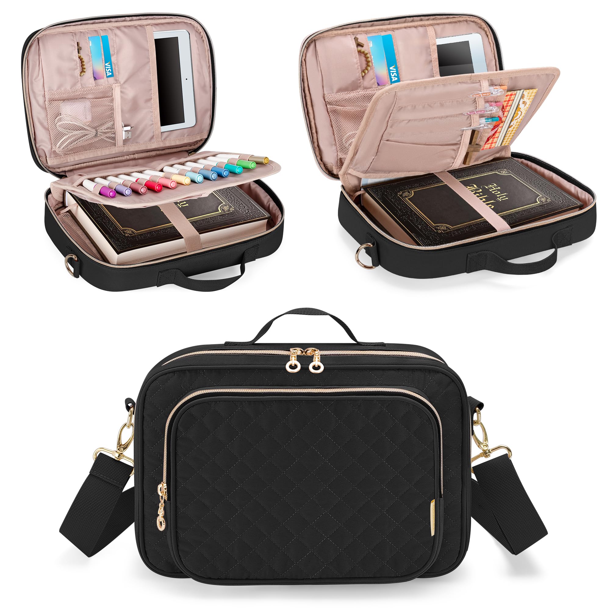 Teamoy Large Bible Cover, Women Bible Carrying Case Church Bag with Straps and Pens Holder, Bible Study Supplies Tote Bag, Black Quilted