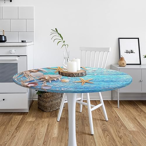 Miniatura 7 de Mantel redondo con borde elástico, ajustable con diseño de estrella de mar de playa, impermeable, lavable, para fiestas, decoración de mesa de