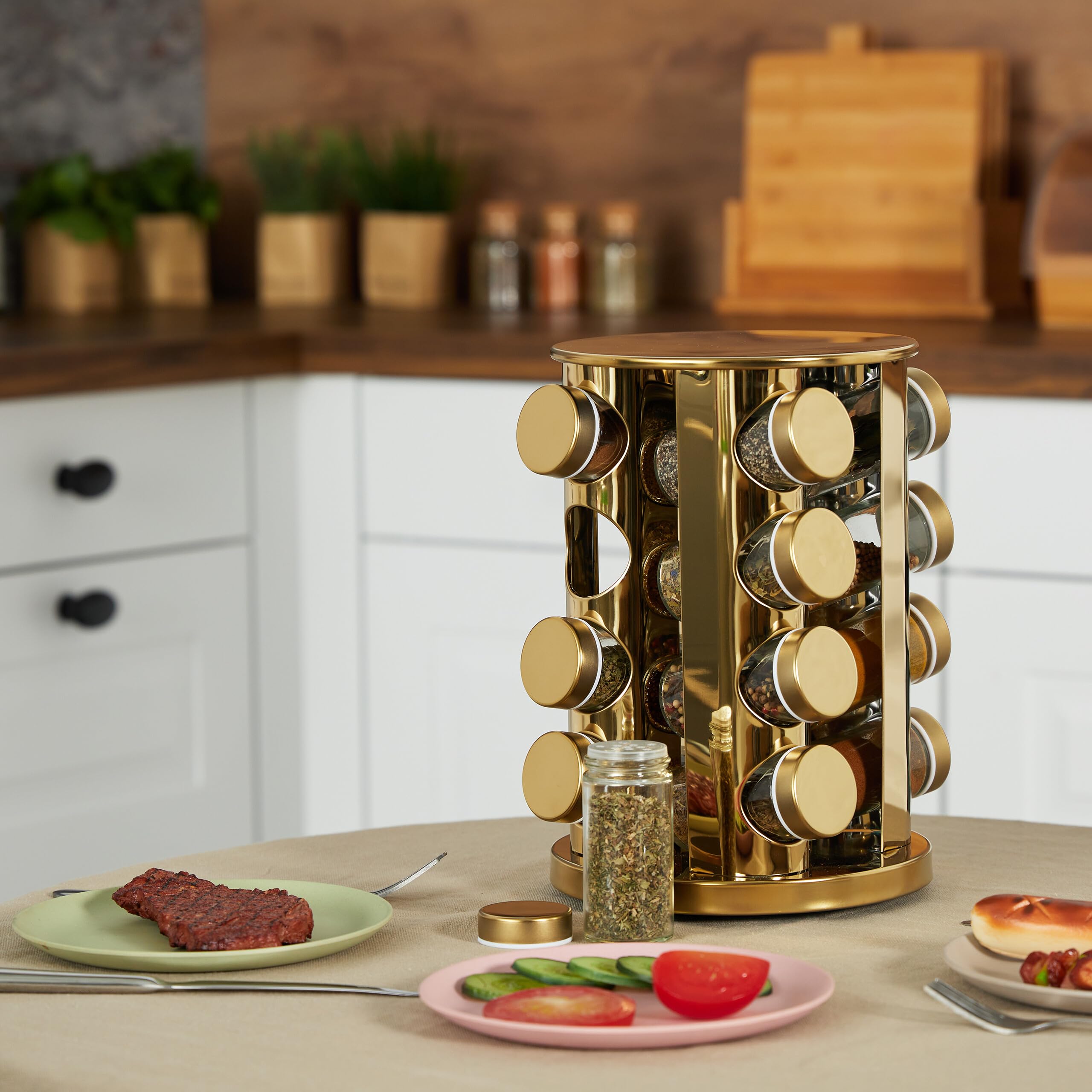 Relaxdays Tourniquet à épices, Acier Inoxydable, 16 Pots en Verre, Rotatif à 360°, HxD : 27,5 x 20 cm, doré