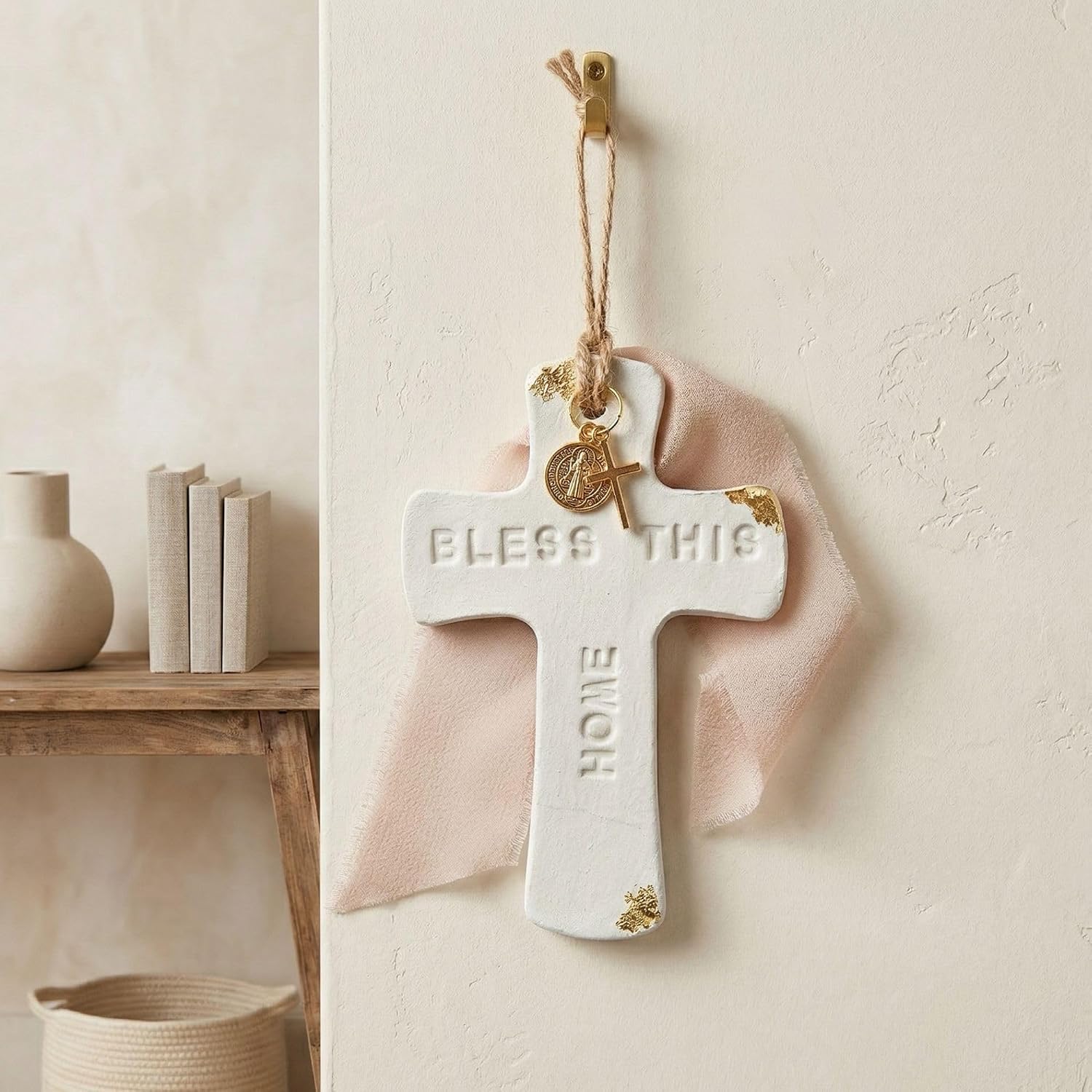 Bless This Home, Religious Home Decor Gift, Hanging Clay Cross, Spiritual Wall Decor, White Matte Rustic Amulet with Gold Accents & Ribbon, Housewarming or Baptism Gift, Handmade in Costa Rica