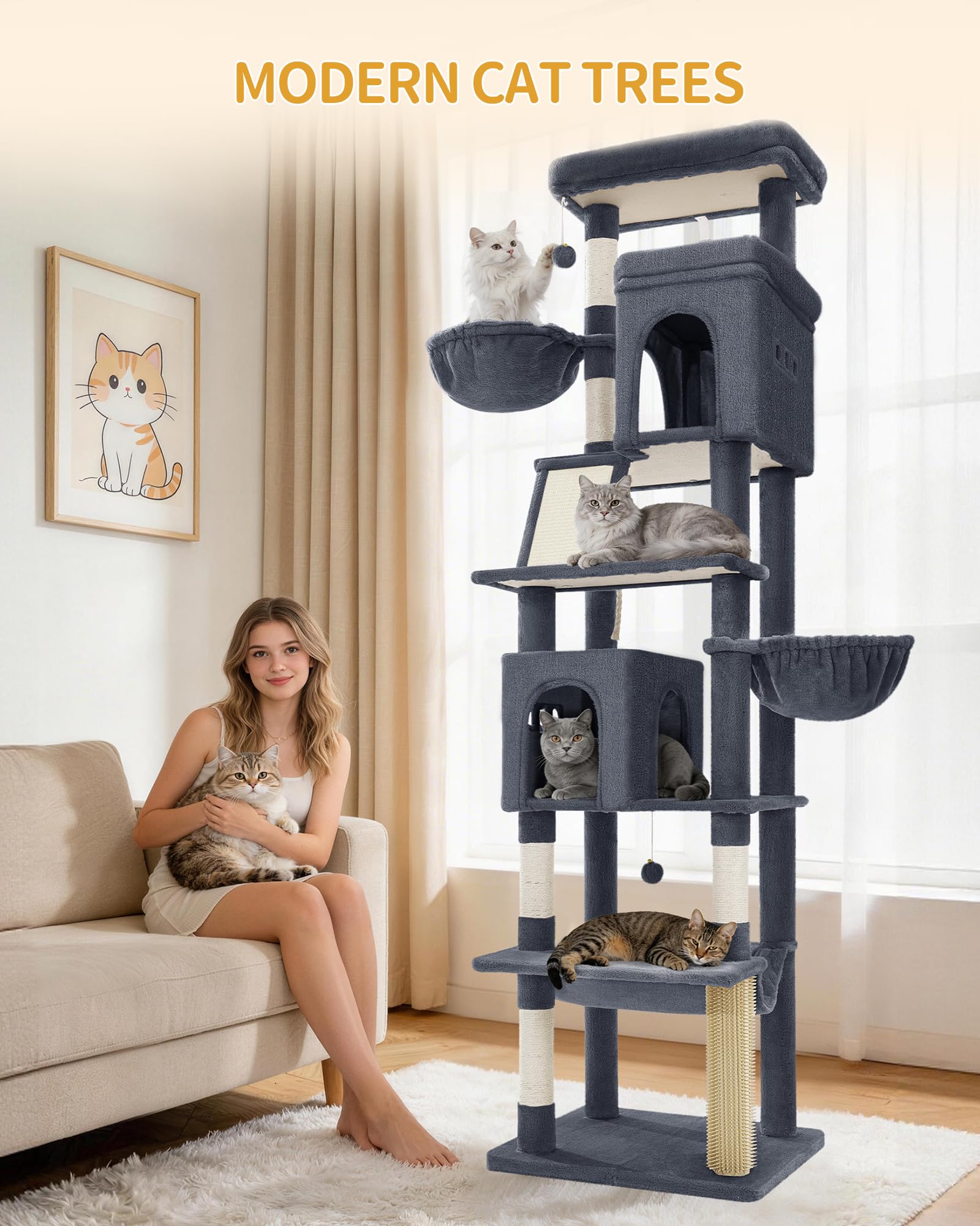 Hzuaneri Árbol para Gatos Grande, Torre para Gatos de Interior 213 cm con 2 Plataformas Grandes, 2 Cuevas, 2 Cestas, Hamaca y 5 Postes Rascadores, para Todas Las Razas, Gris Oscuro, MS21318SG