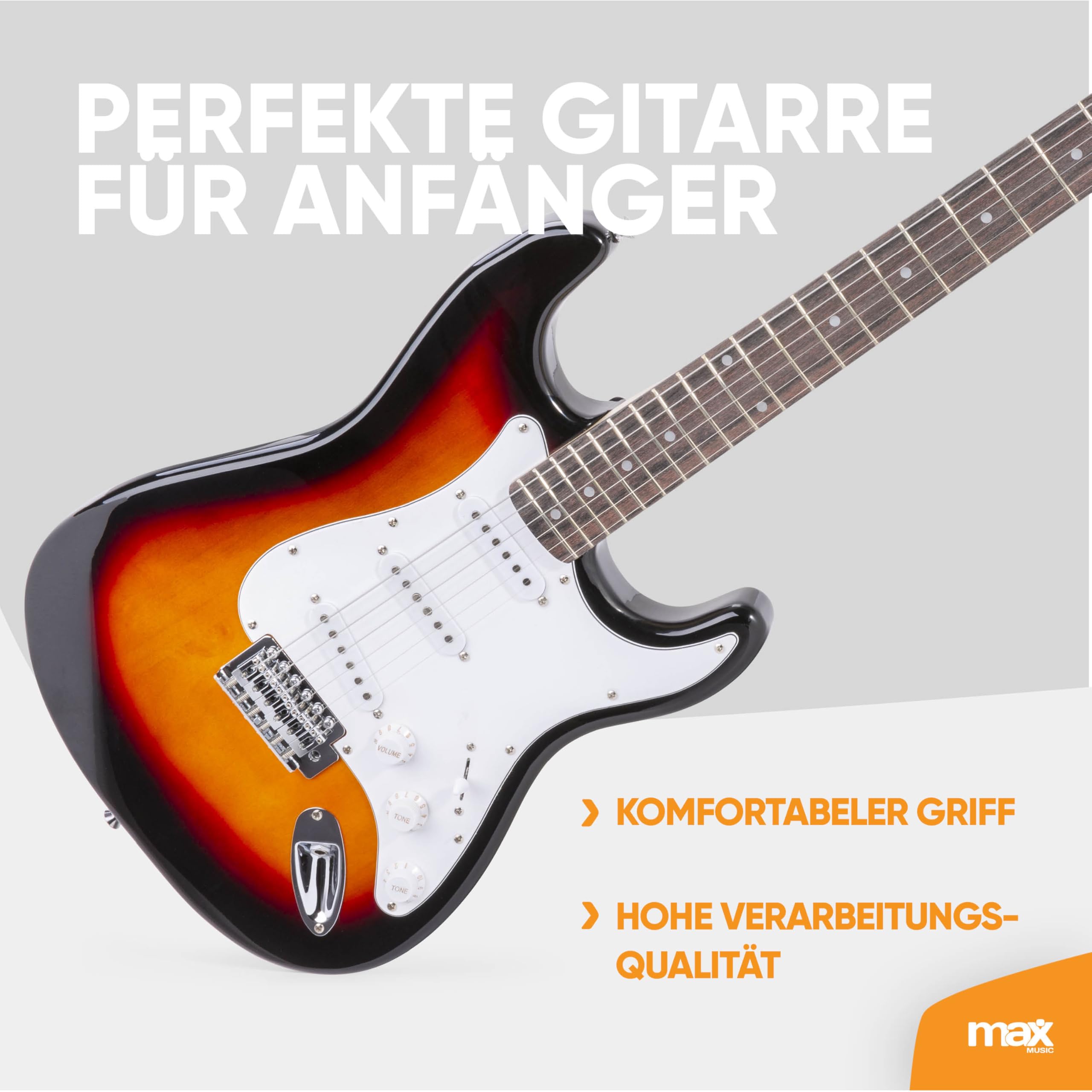 MAX GigKit E-Gitarre Set - Gitarrenverstärker 40 Watt, Elektrische Gitarrenset, Gitarrrenständer, Notenständer, Gitarrentasche, Stimmgerät, Instrumentenkabel, Gurt und Zubehör - Sunburst