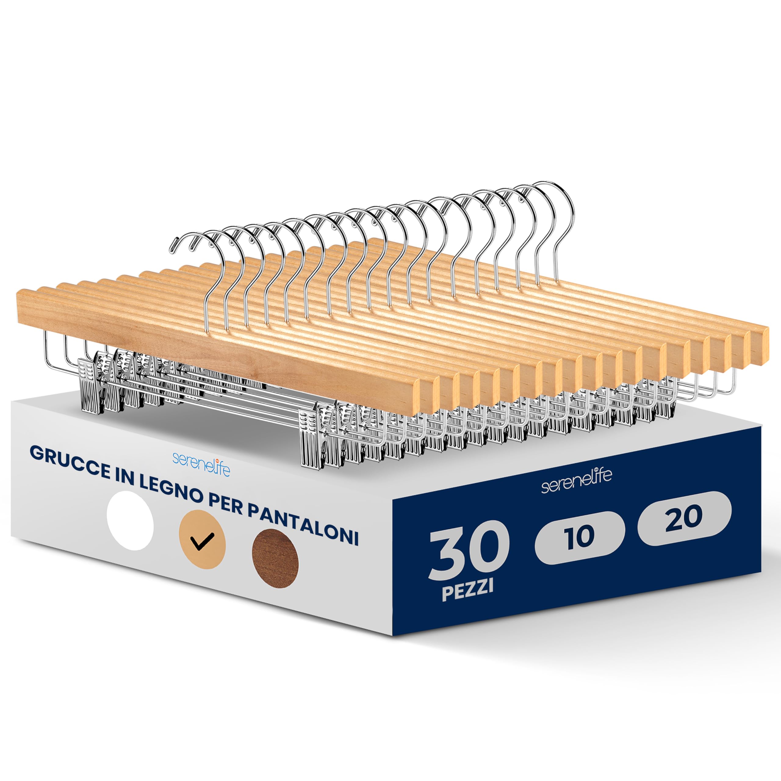 SereneLife Grucce Appendiabiti Salvaspazio in Legno Naturale, Stampelle Armadio 30 Pezzi con Pinze Regolabili, 35,5x1,3x17 cm, Grucce per Pantaloni e Abiti