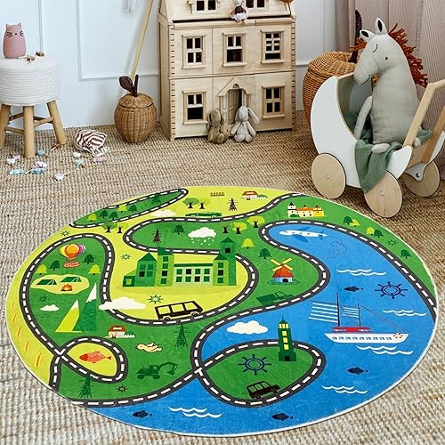 ABREEZE Alfombras redondas para niños de 53 pies de lana sintética antideslizantes alfombra de gateo para niños alfombra colorida educativa y