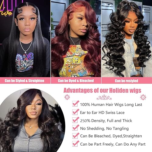 Miniatura 4 de Holiden Pelucas de cabello humano ondulado con encaje frontal, prearrancado, 100 % cabello humano real, densidad 250, 13 x 5, pelucas frontales de