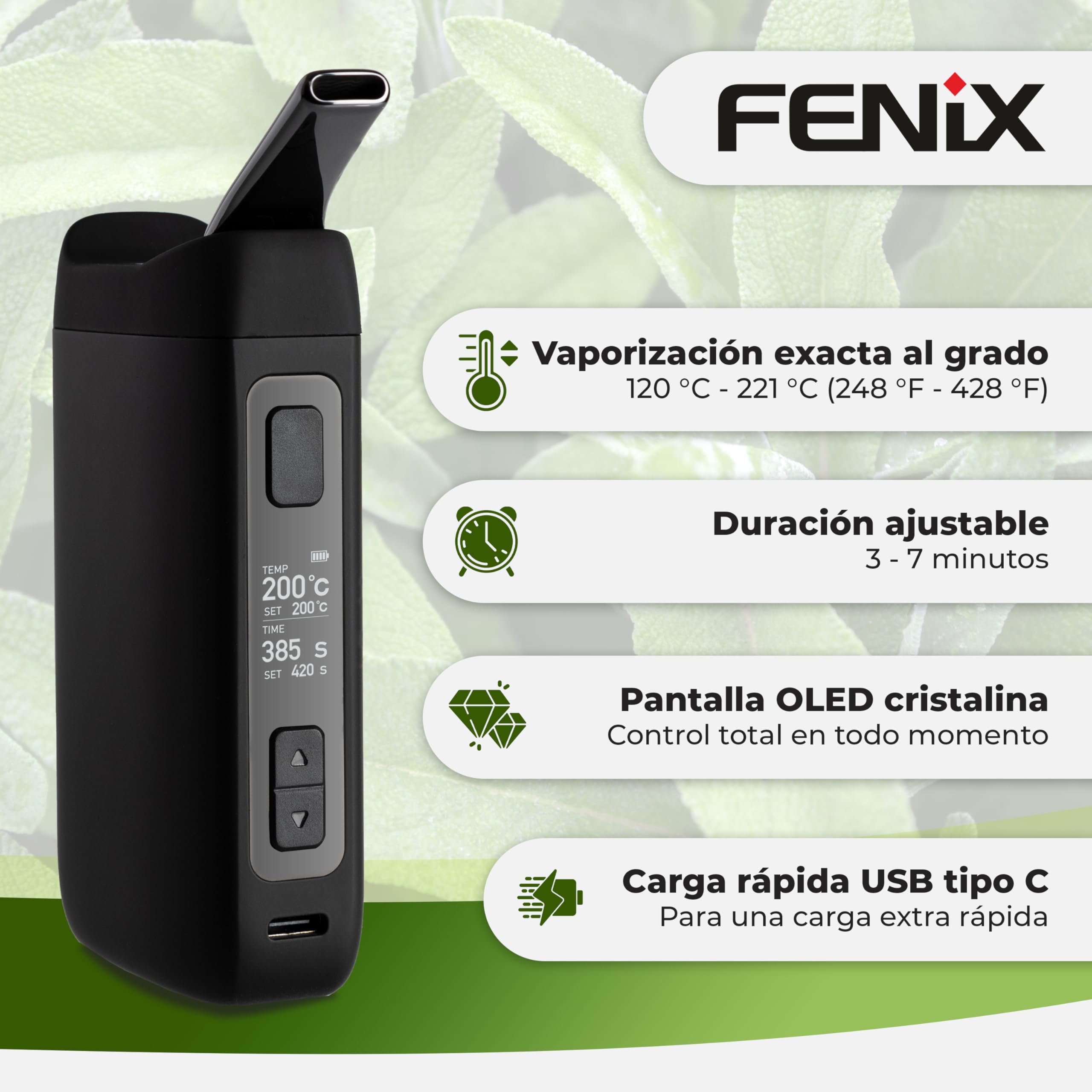 FENiX NEO Vaporizador Premium | Para hierbas y extractos | 100% convección | USB-C | Cámara de titanio | Rango de temperatura 120 - 221°C